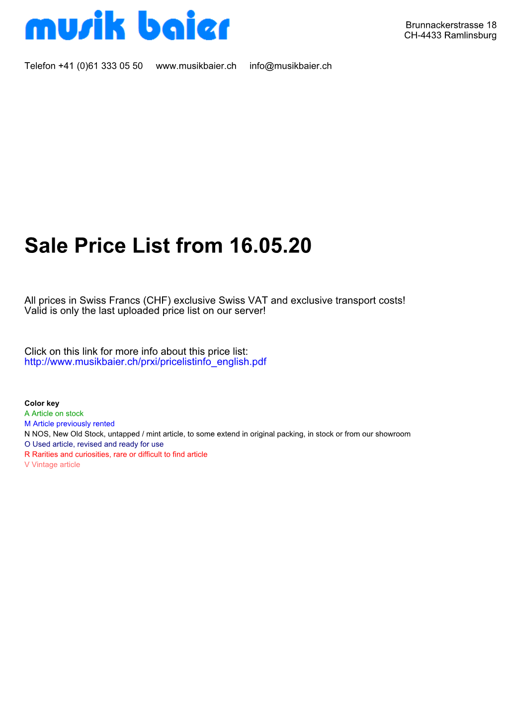 Sale Price List from 16.05.20