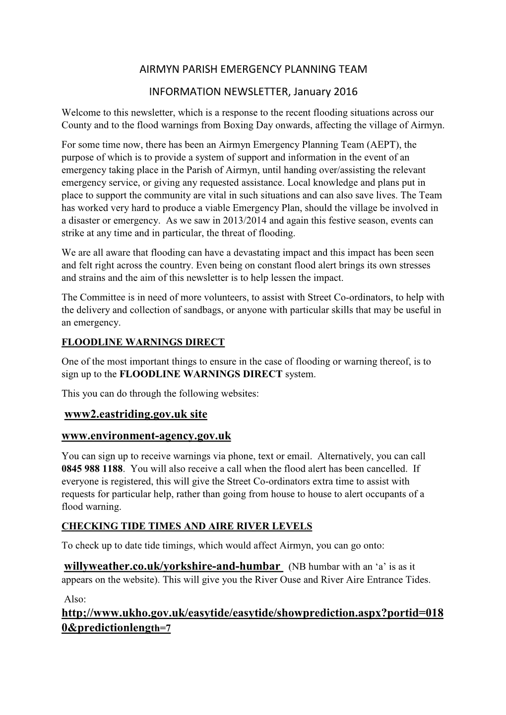 Airmyn Village Flood Newsletter