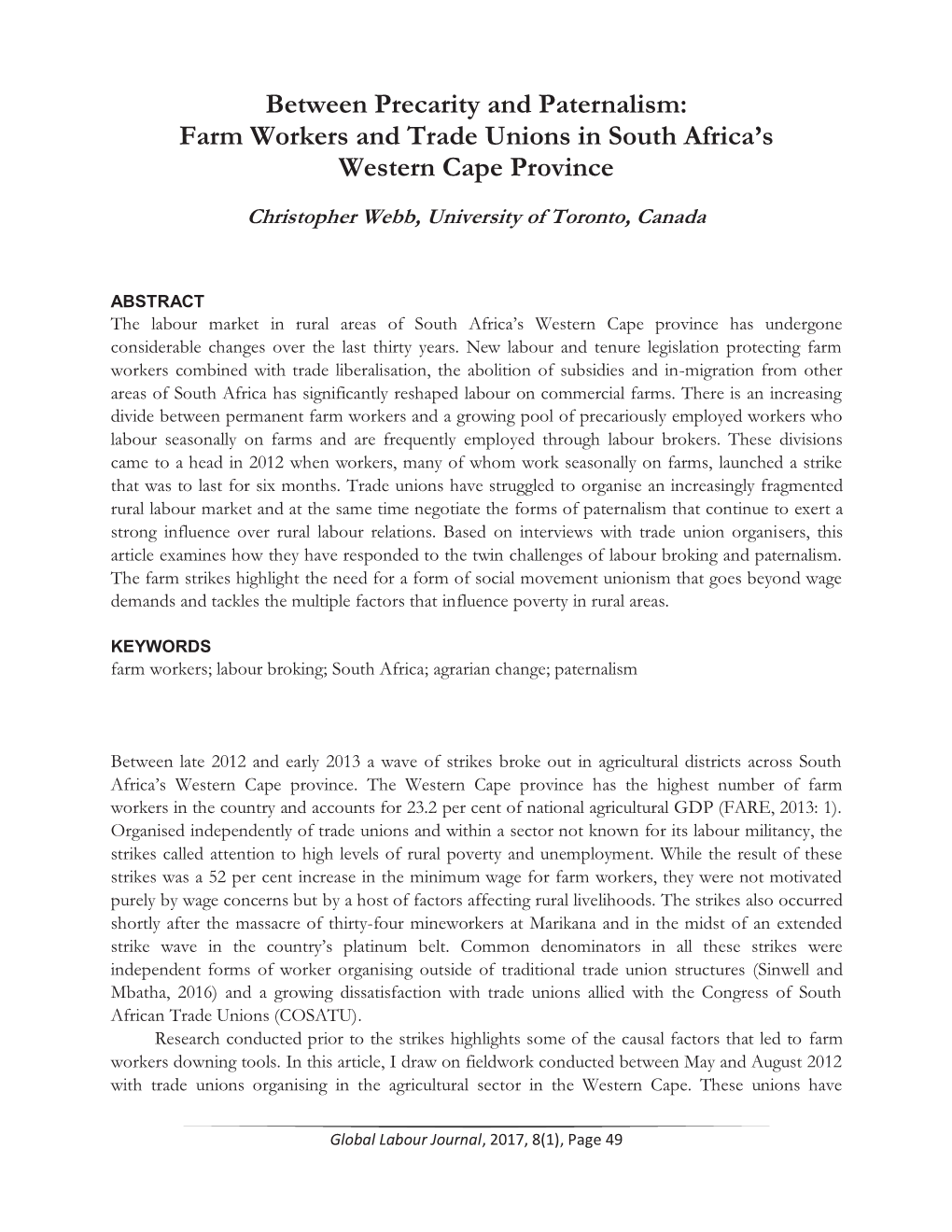 Farm Workers and Trade Unions in South Africa's Western Cape Province