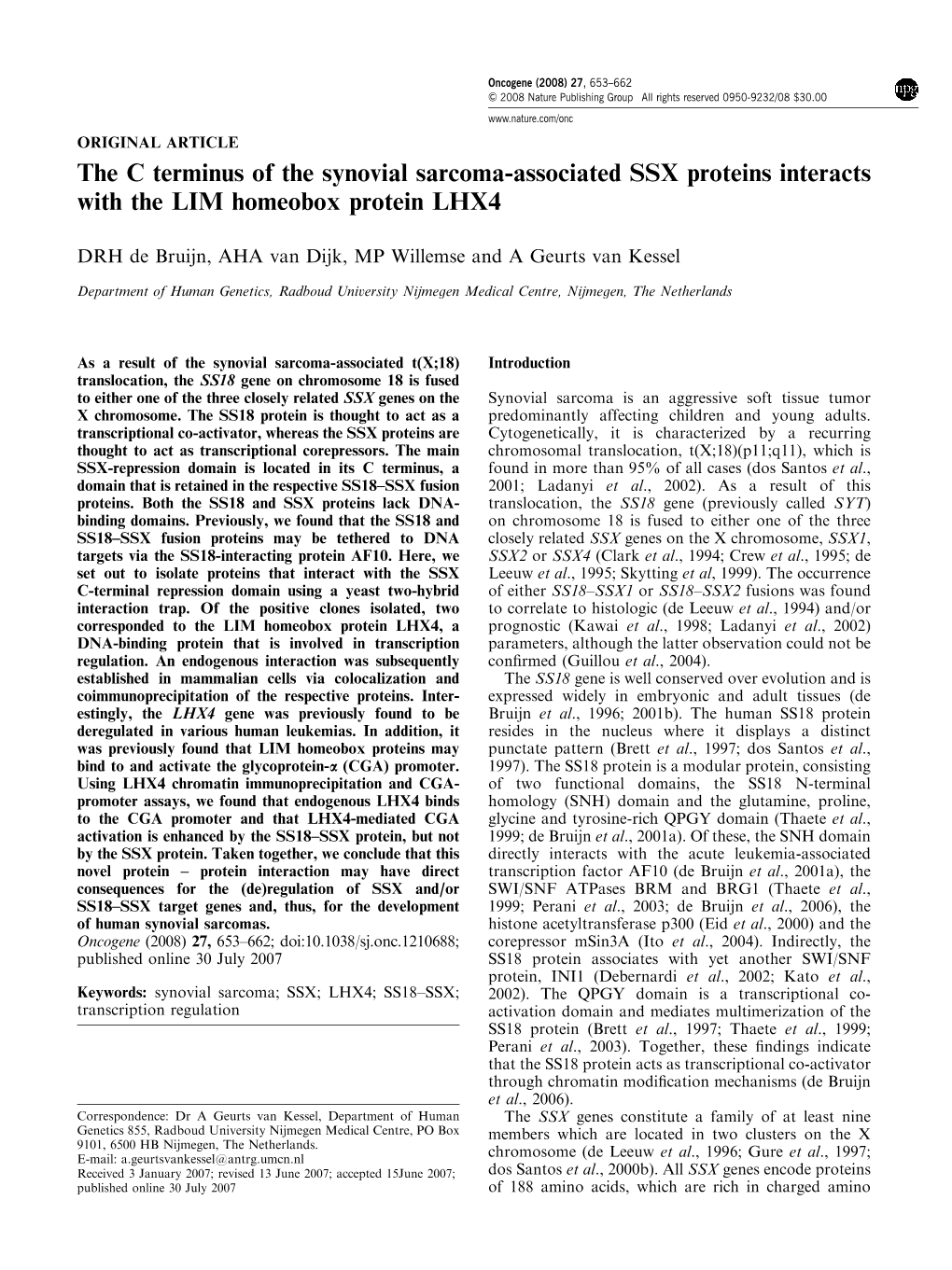 The C Terminus of the Synovial Sarcoma-Associated SSX Proteins Interacts with the LIM Homeobox Protein LHX4