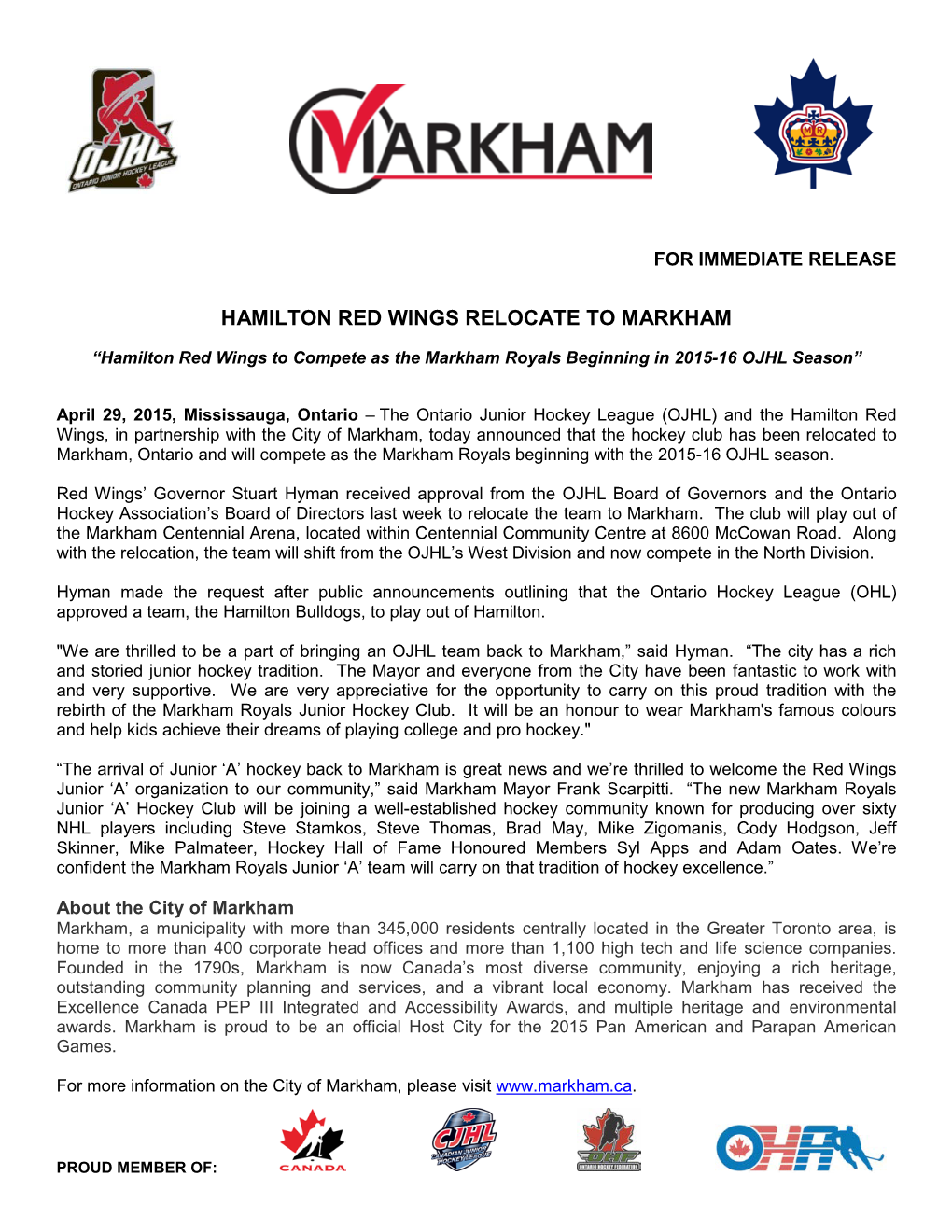 Hamilton Red Wings Relocate to Markham