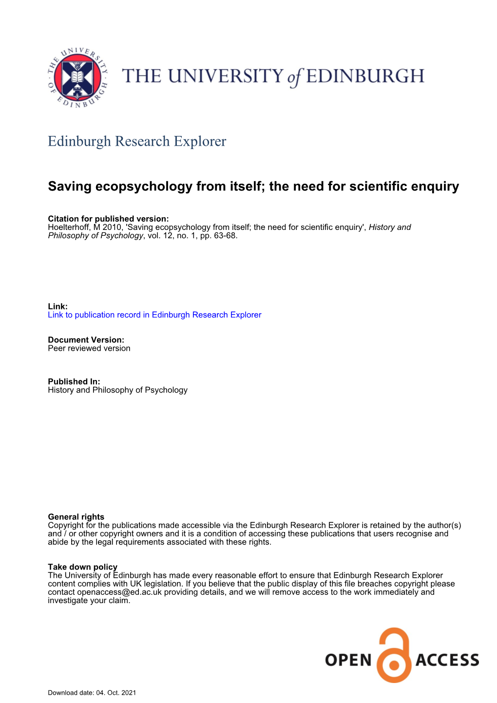 Saving Ecopsychology from Itself; the Need for Scientific Enquiry