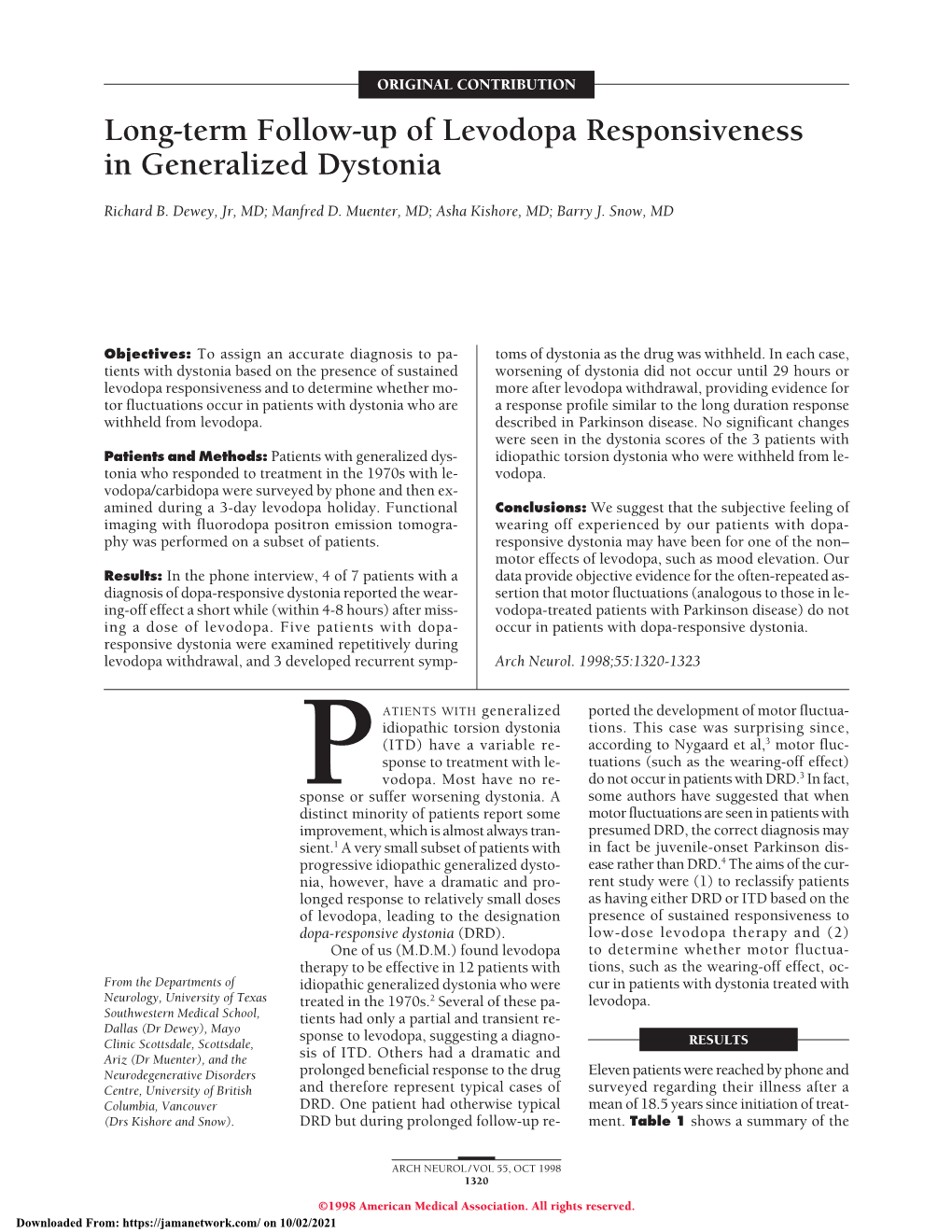 Long-Term Follow-Up of Levodopa Responsiveness in Generalized Dystonia