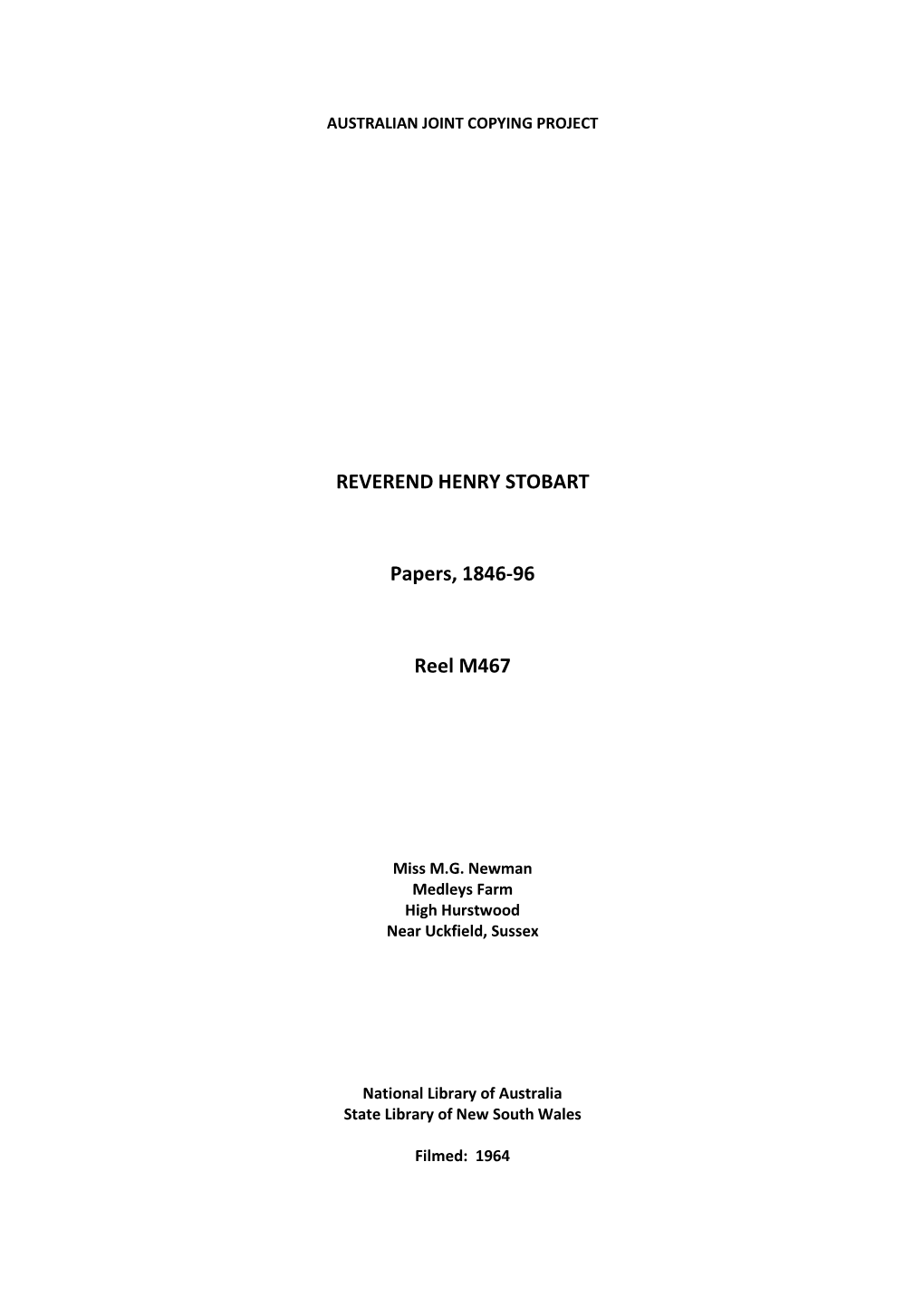 REVEREND HENRY STOBART Papers, 1846-96 Reel M467