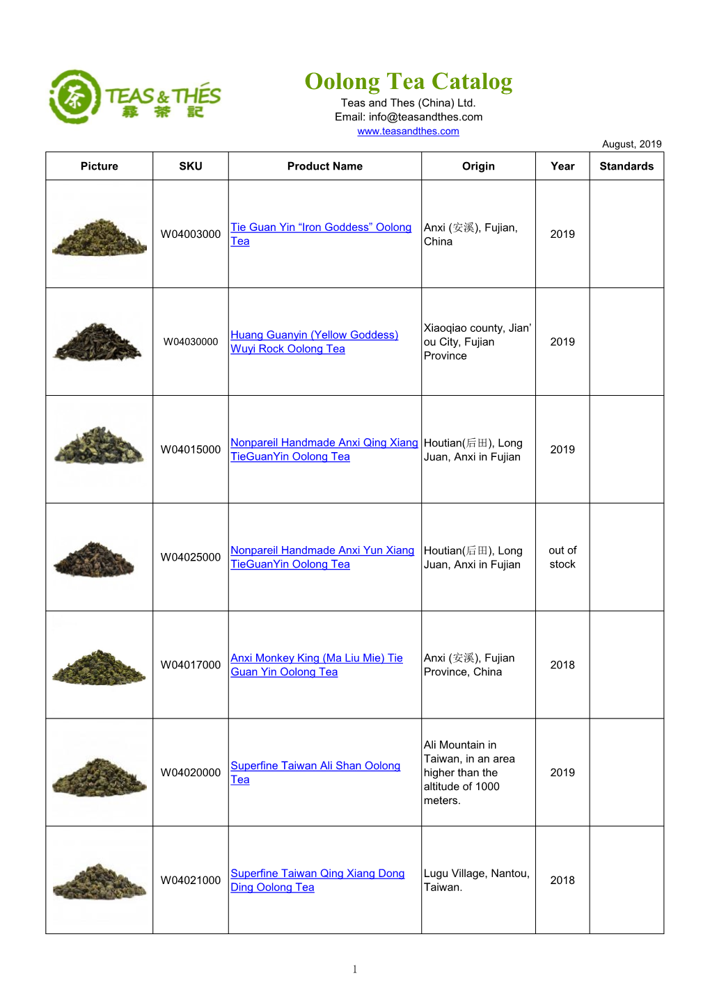 Oolong Tea Catalog Teas and Thes (China) Ltd