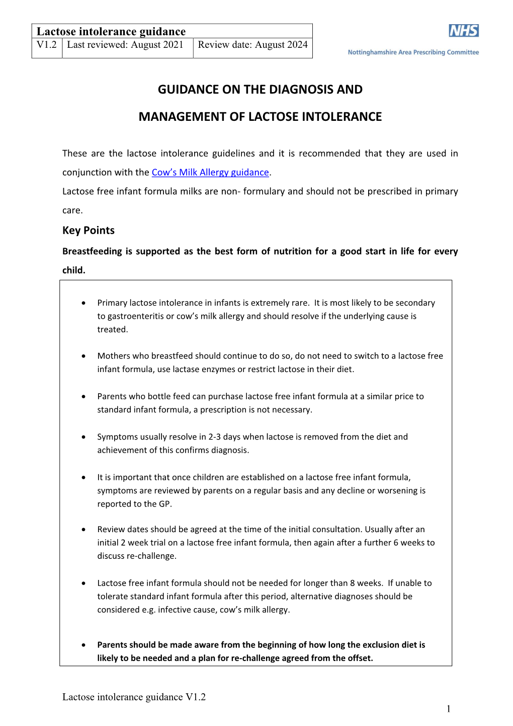 Guidance on the Diagnosis and Management of Lactose Intolerance