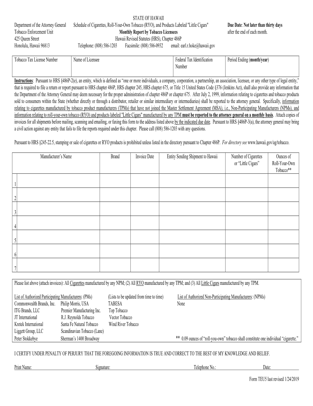 Form TEU5 Last Revised 1/24/2019 STATE of HAWAII Department Of