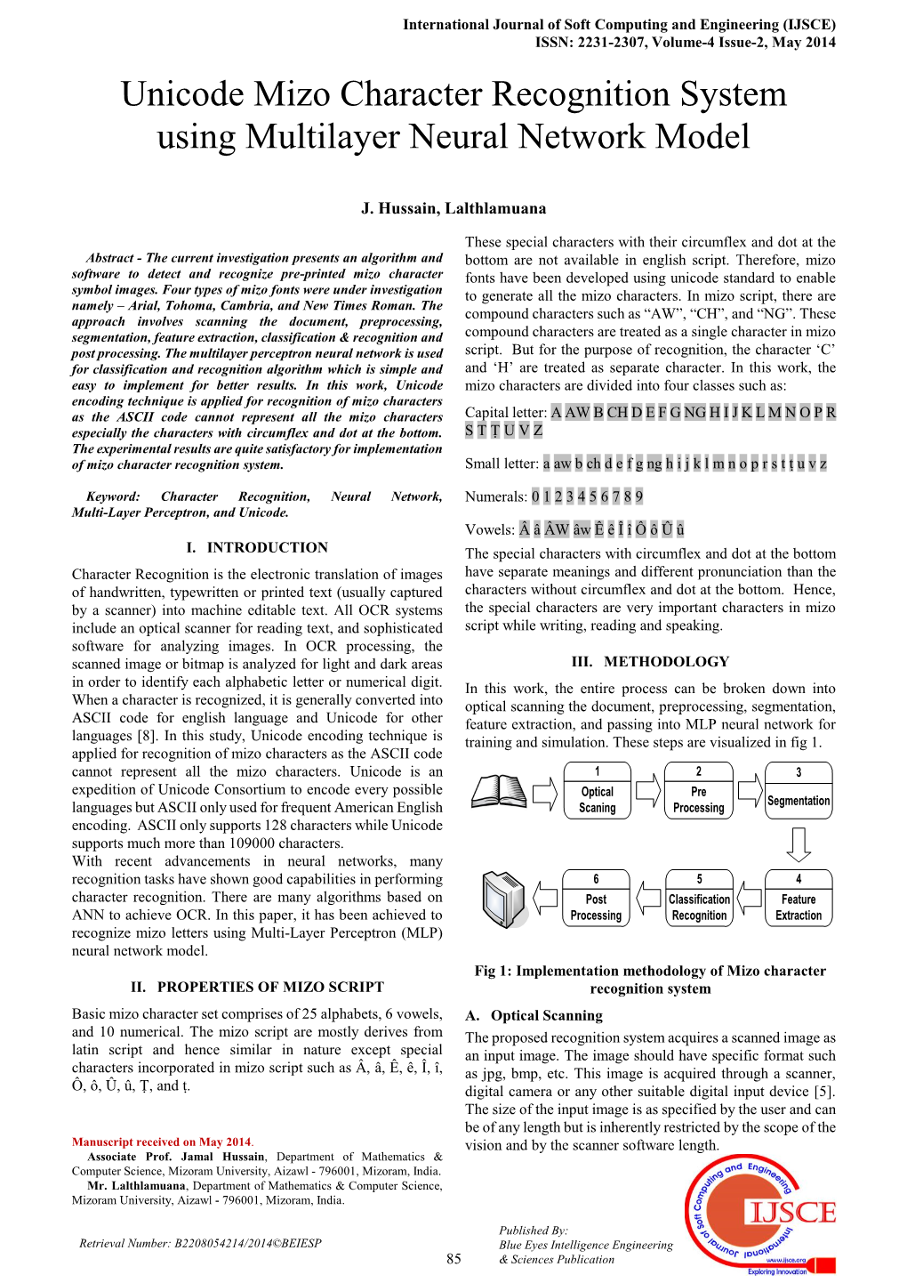 Unicode Mizo Character Recognition System Using Multilayer Neural Network Model