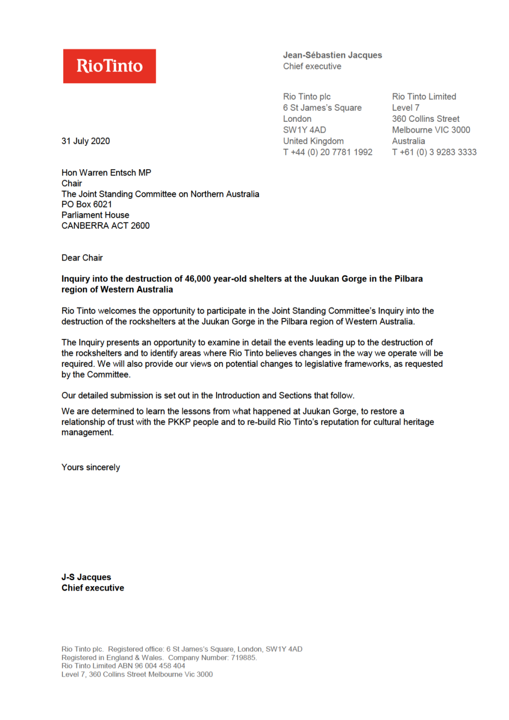 Rio Tinto Has Unreservedly Apologised to the Puutu Kunti Kurrama and Pinikura People (PKKP), and We Reaffirm That Apology Now