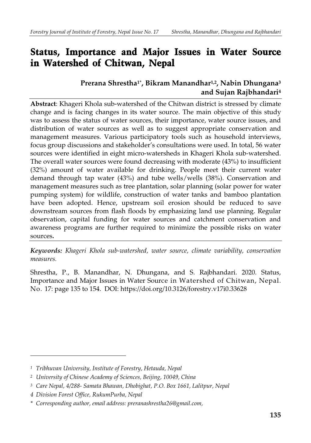 Status, Importance and Major Issues in Water Source in Watershed of Chitwan, Nepal