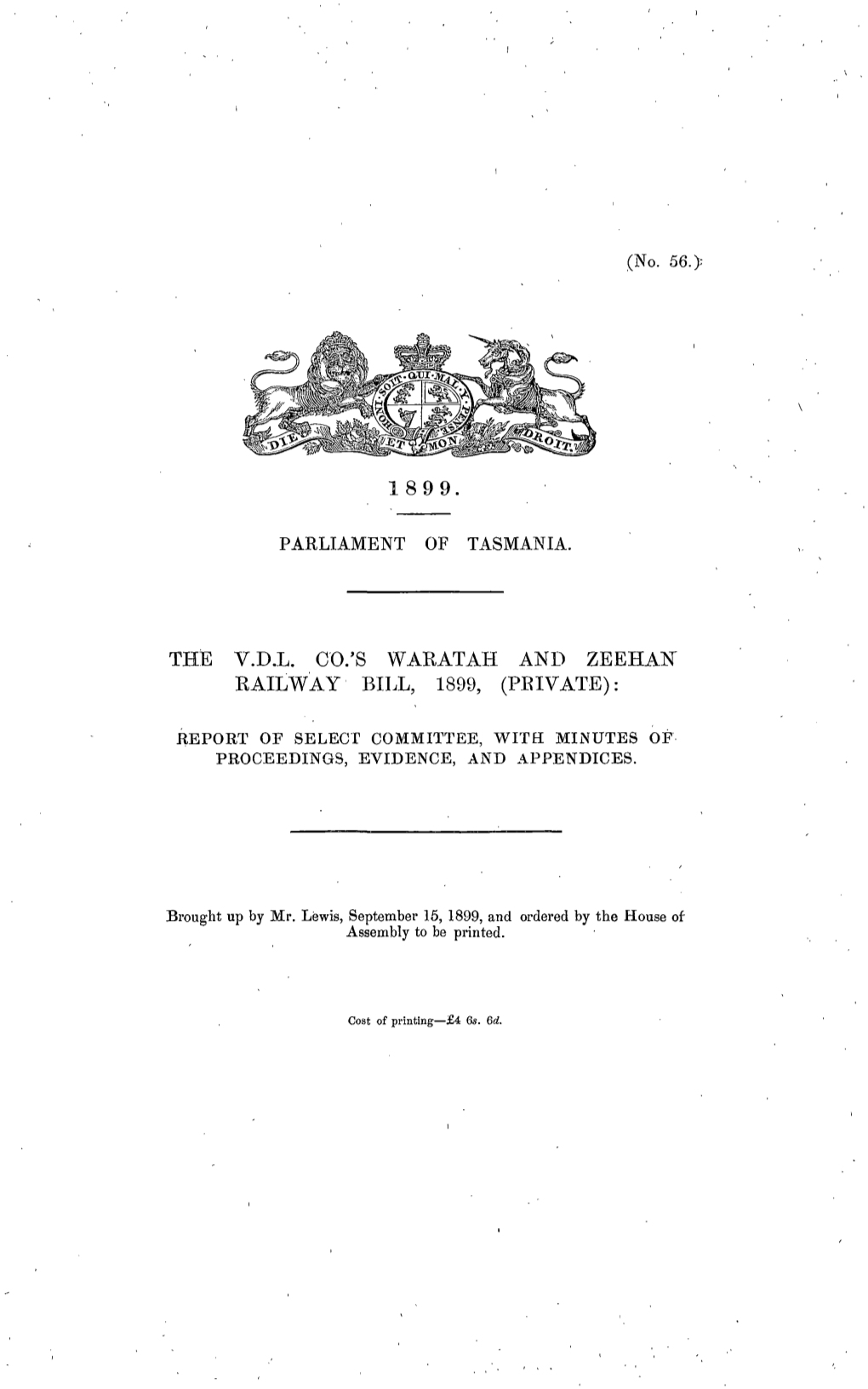 The V.D.L. Co.'S Waratah and Zeehan Railway Bill 1899