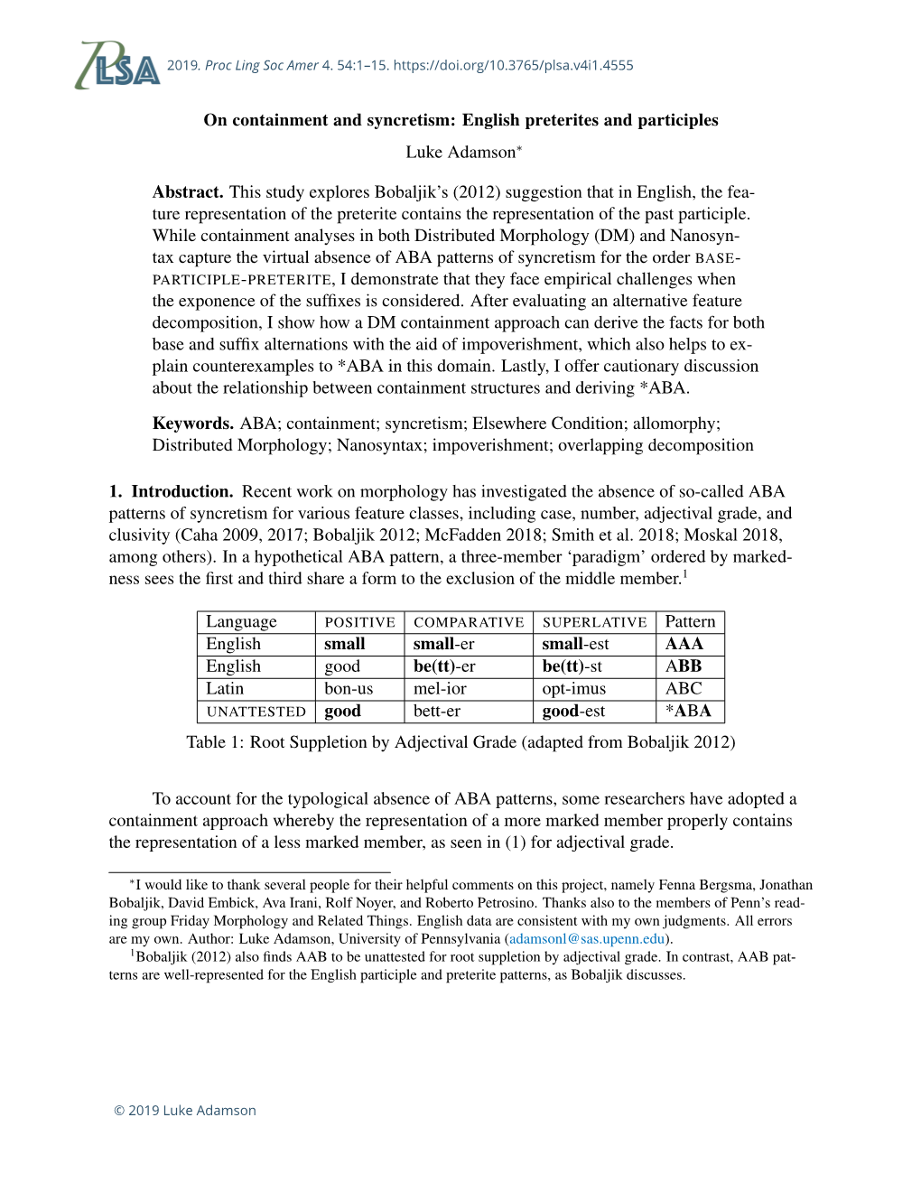 English Preterites and Participles Luke Adamson∗ Abstract. This Study Explores Bobaljik's