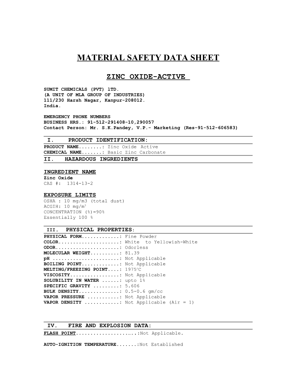 Material Safety Data Sheet s29