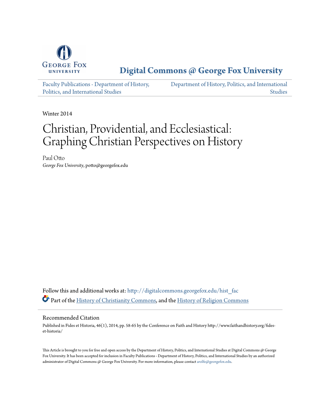 Graphing Christian Perspectives on History Paul Otto George Fox University, Potto@Georgefox.Edu