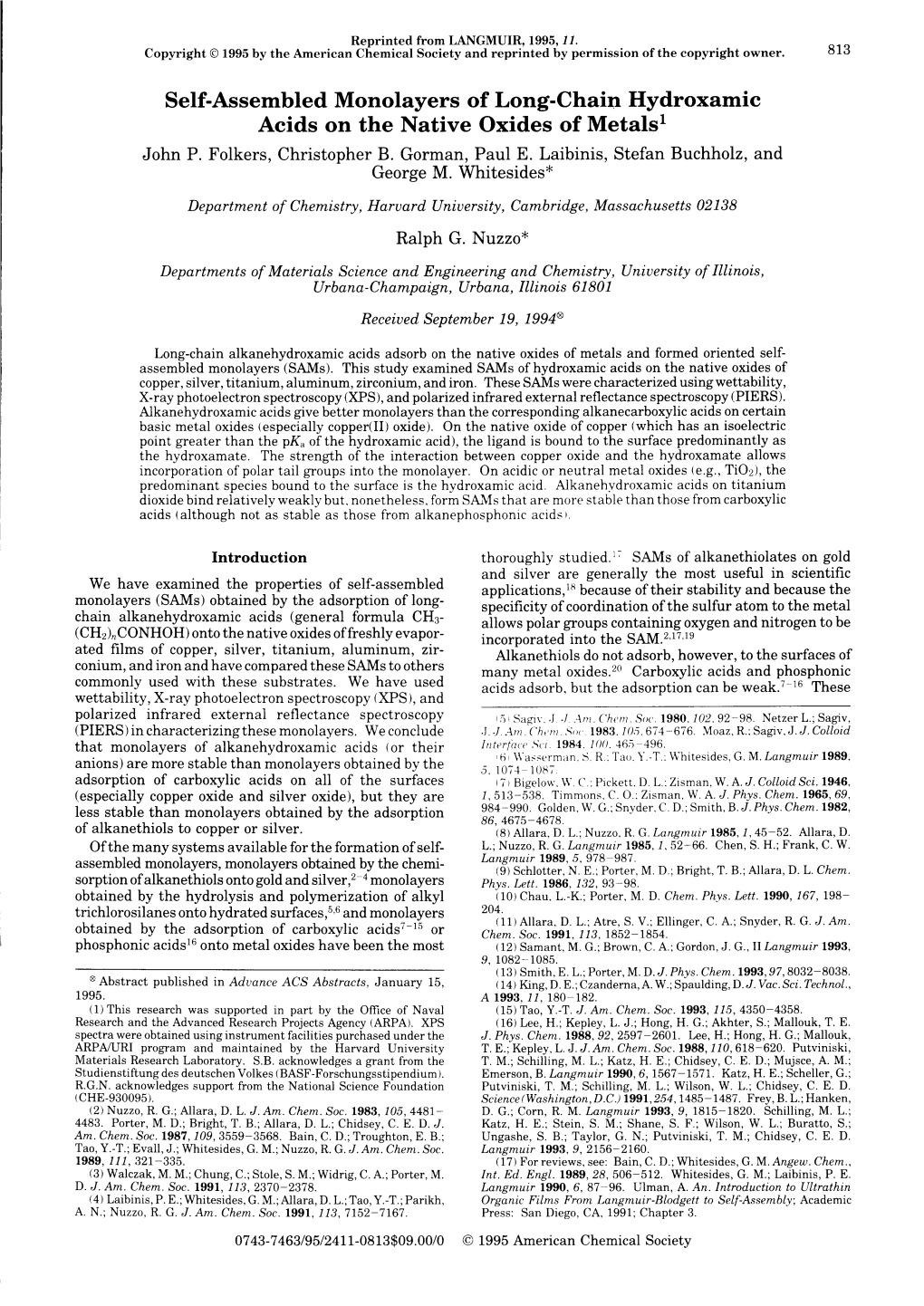 Self-Assembled Monolayers of Long-Chain Hydroxamic Acids on the Native Oxides of Metalsl John P