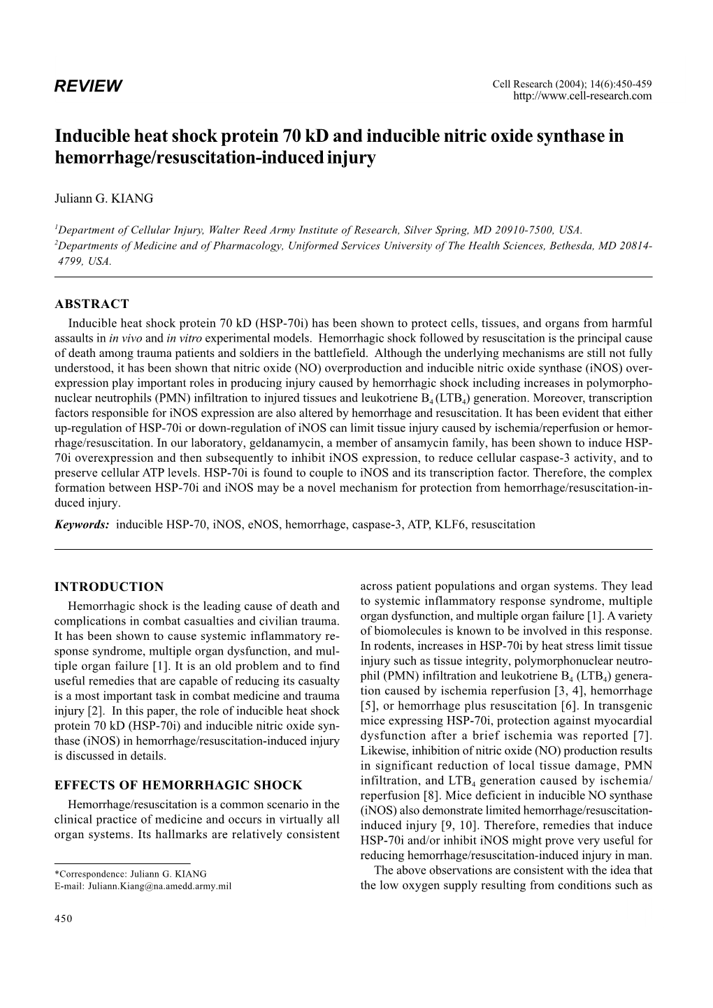 Inducible Heat Shock Protein 70 Kd and Inducible Nitric Oxide Synthase in Hemorrhage/Resuscitation-Induced Injury