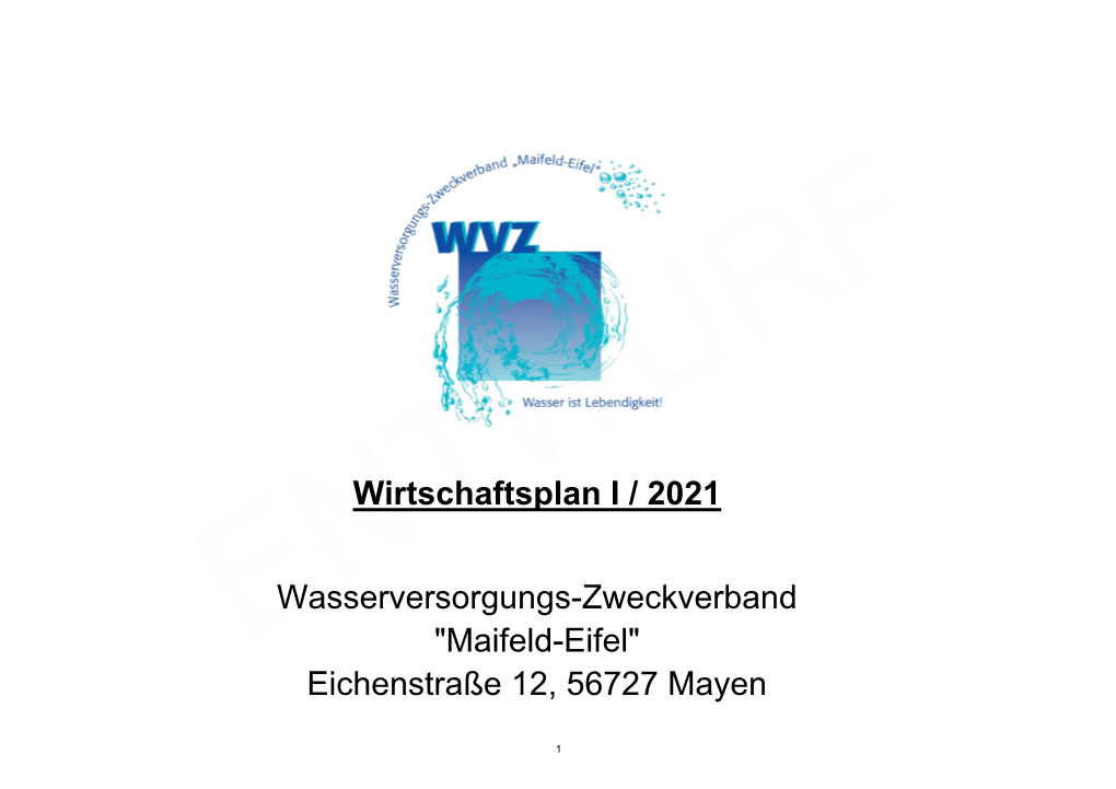 Wirtschaftsplan I / 2021 Wasserversorgungs-Zweckverband