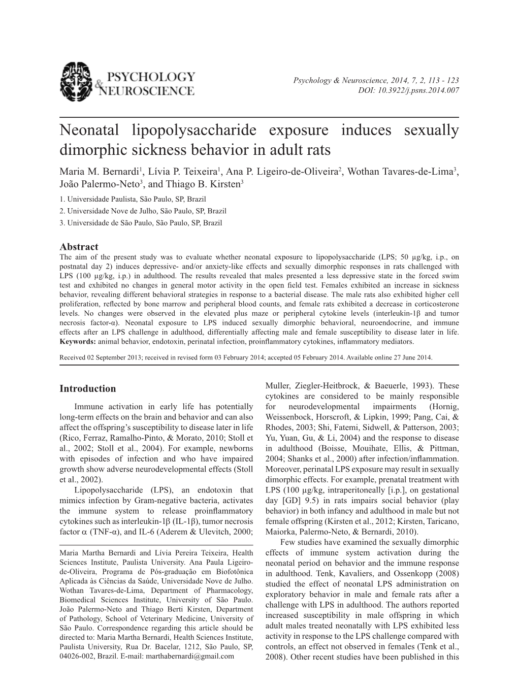 Neonatal Lipopolysaccharide Exposure Induces Sexually Dimorphic Sickness Behavior in Adult Rats Maria M