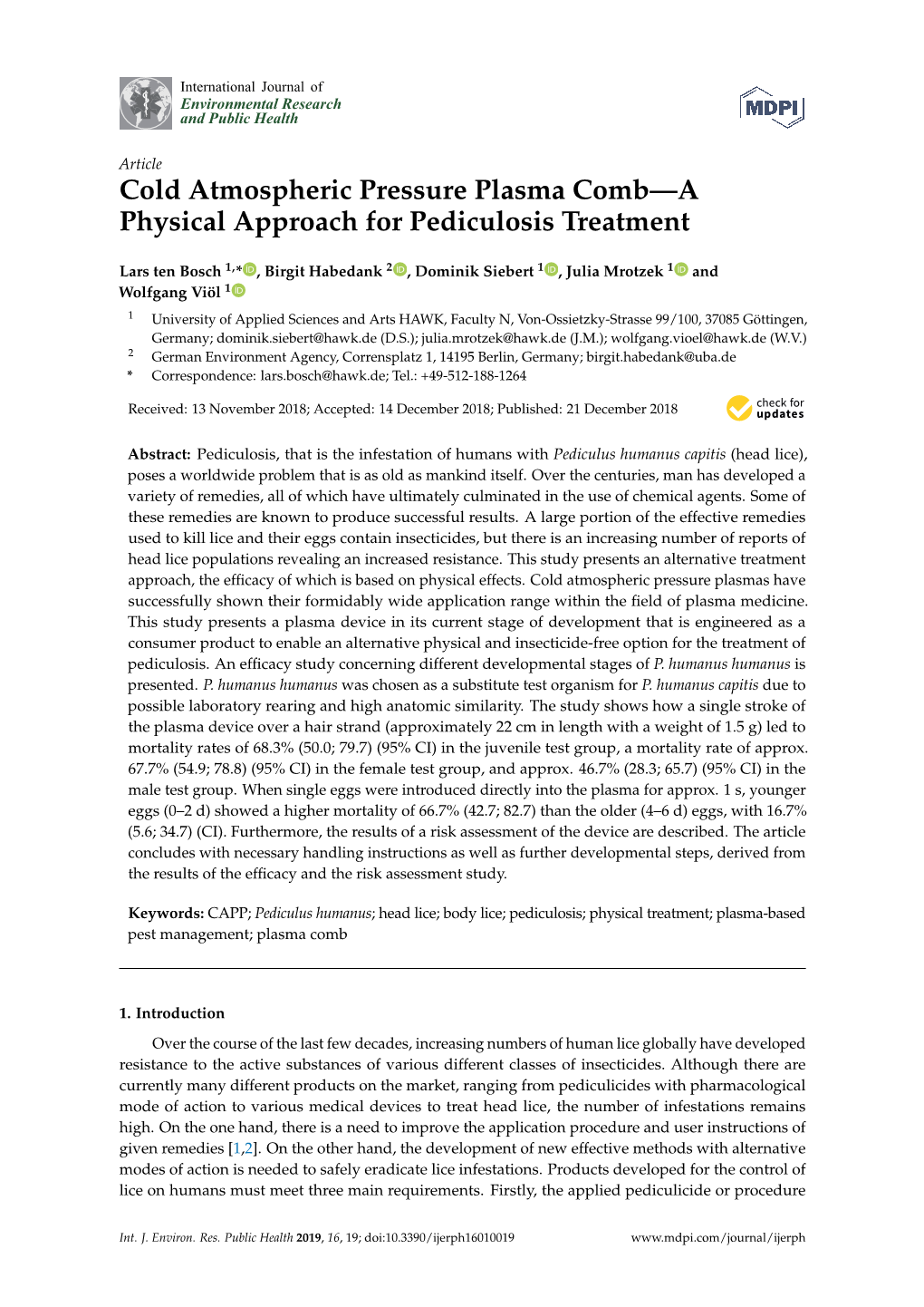 Cold Atmospheric Pressure Plasma Comb—A Physical Approach for Pediculosis Treatment