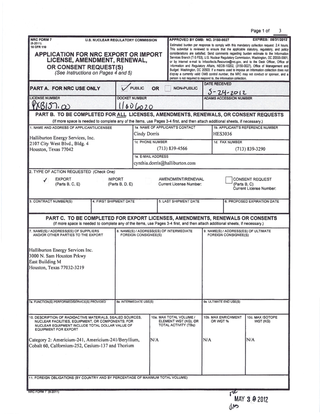 Export License Application from Halliburton Energy Services, Inc., PXB157.00