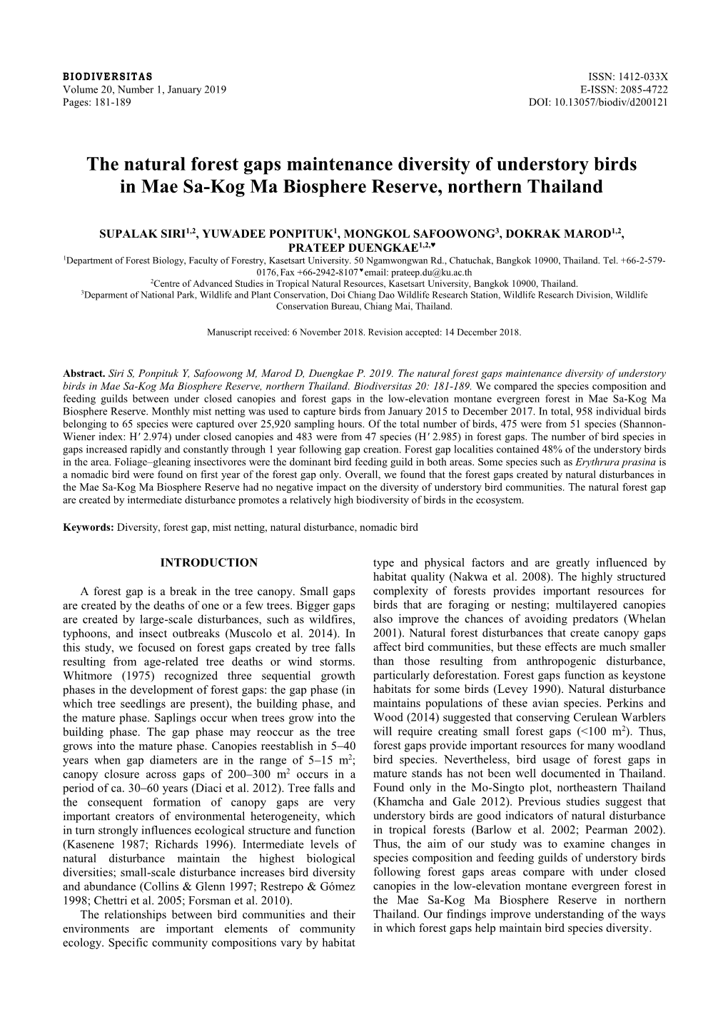 The Natural Forest Gaps Maintenance Diversity of Understory Birds in Mae Sa-Kog Ma Biosphere Reserve, Northern Thailand