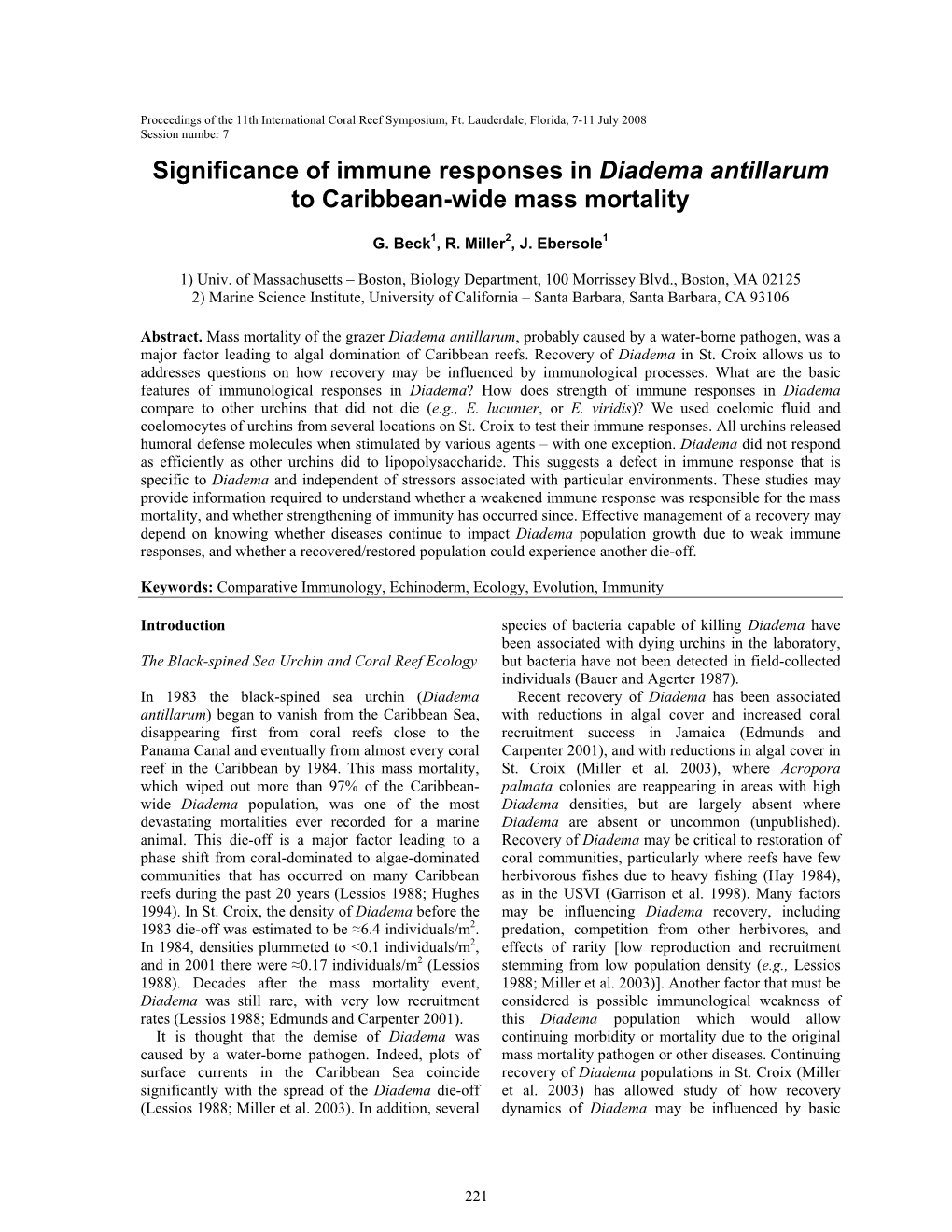 Significance of Immune Responses in Diadema Antillarum to Caribbean-Wide Mass Mortality