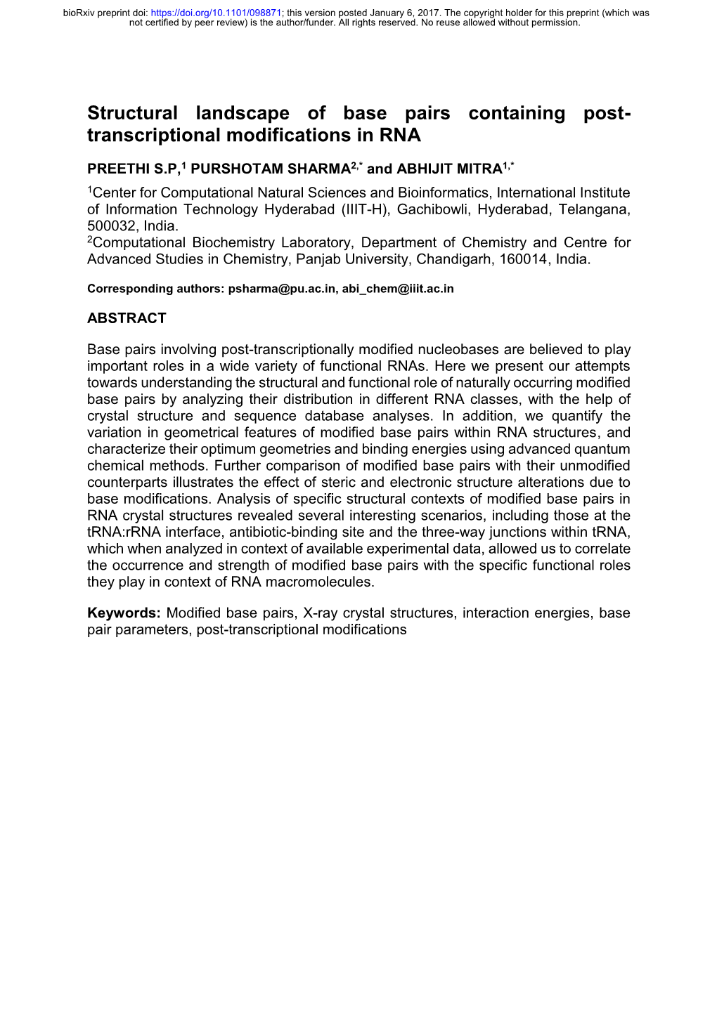 Structural Landscape of Base Pairs Containing Post-Transcriptional