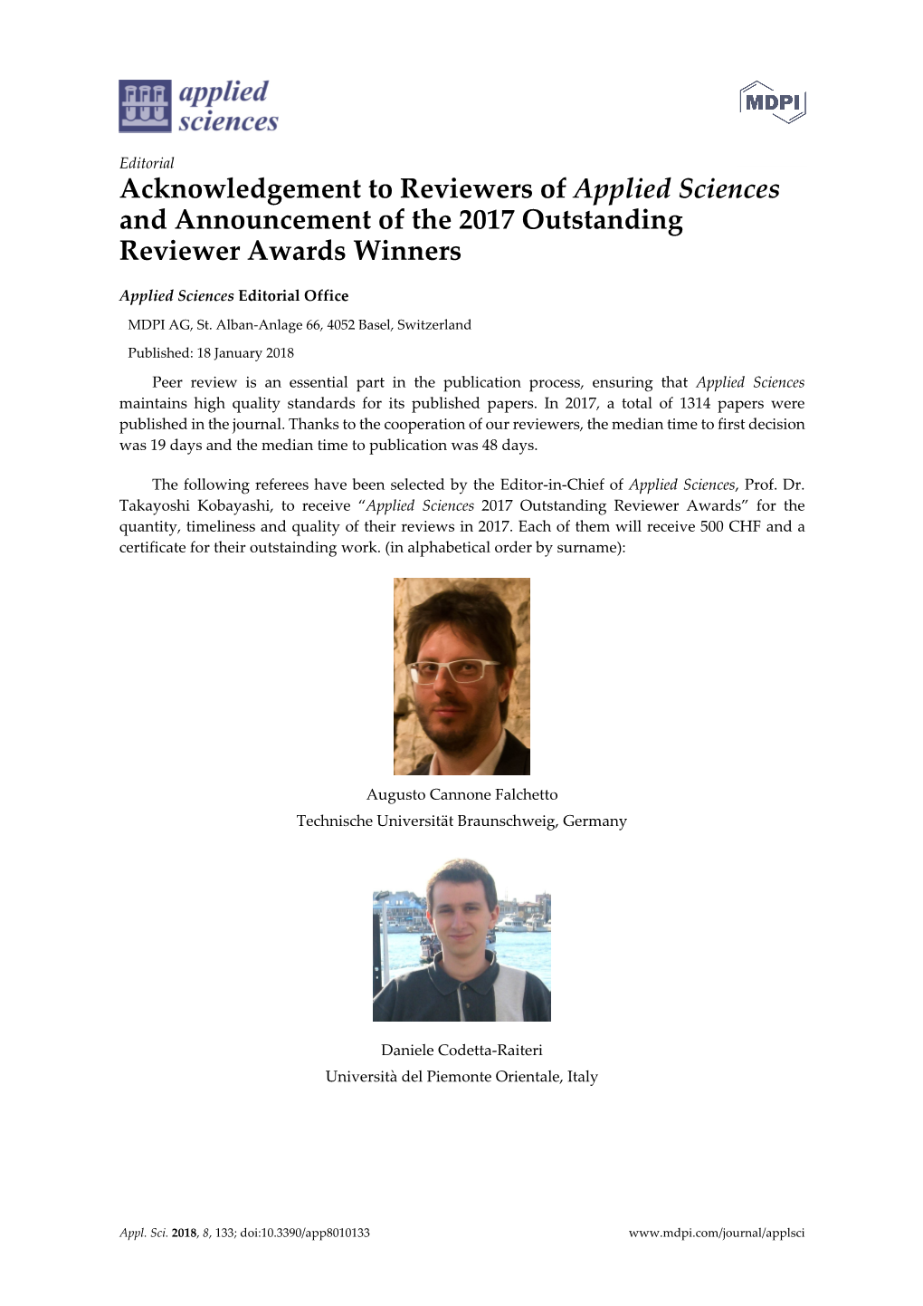 Acknowledgement to Reviewers of Applied Sciences and Announcement of the 2017 Outstanding Reviewer Awards Winners