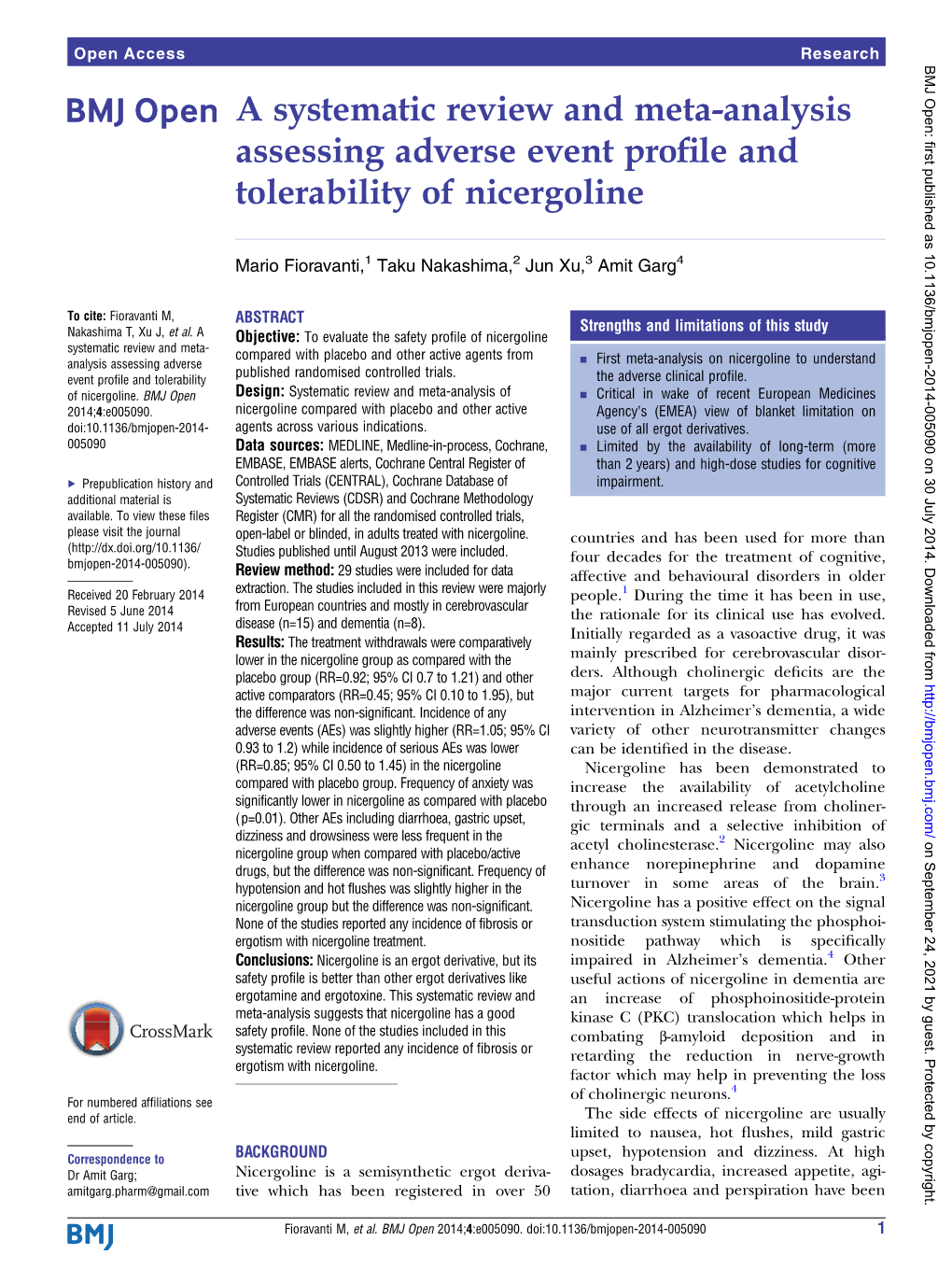 A Systematic Review and Meta-Analysis Assessing Adverse Event Proﬁle and Tolerability of Nicergoline