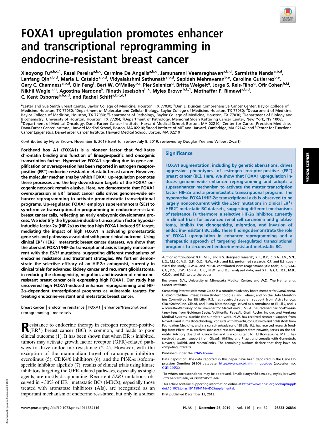 FOXA1 Upregulation Promotes Enhancer and Transcriptional Reprogramming in Endocrine-Resistant Breast Cancer