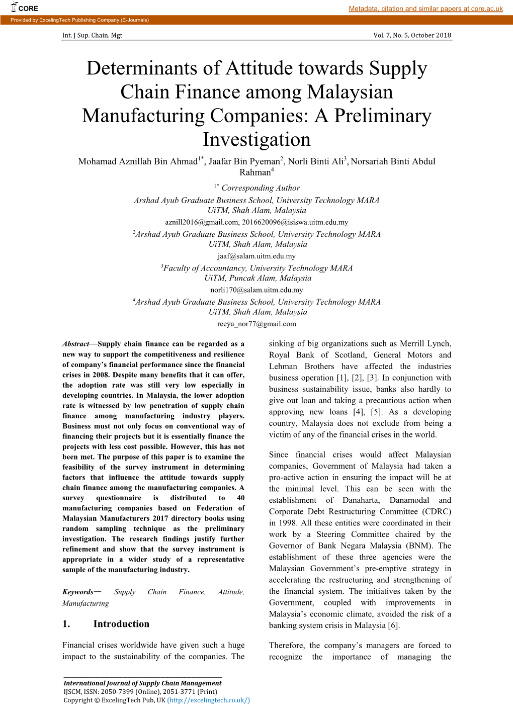 Determinants of Attitude Towards Supply Chain Finance