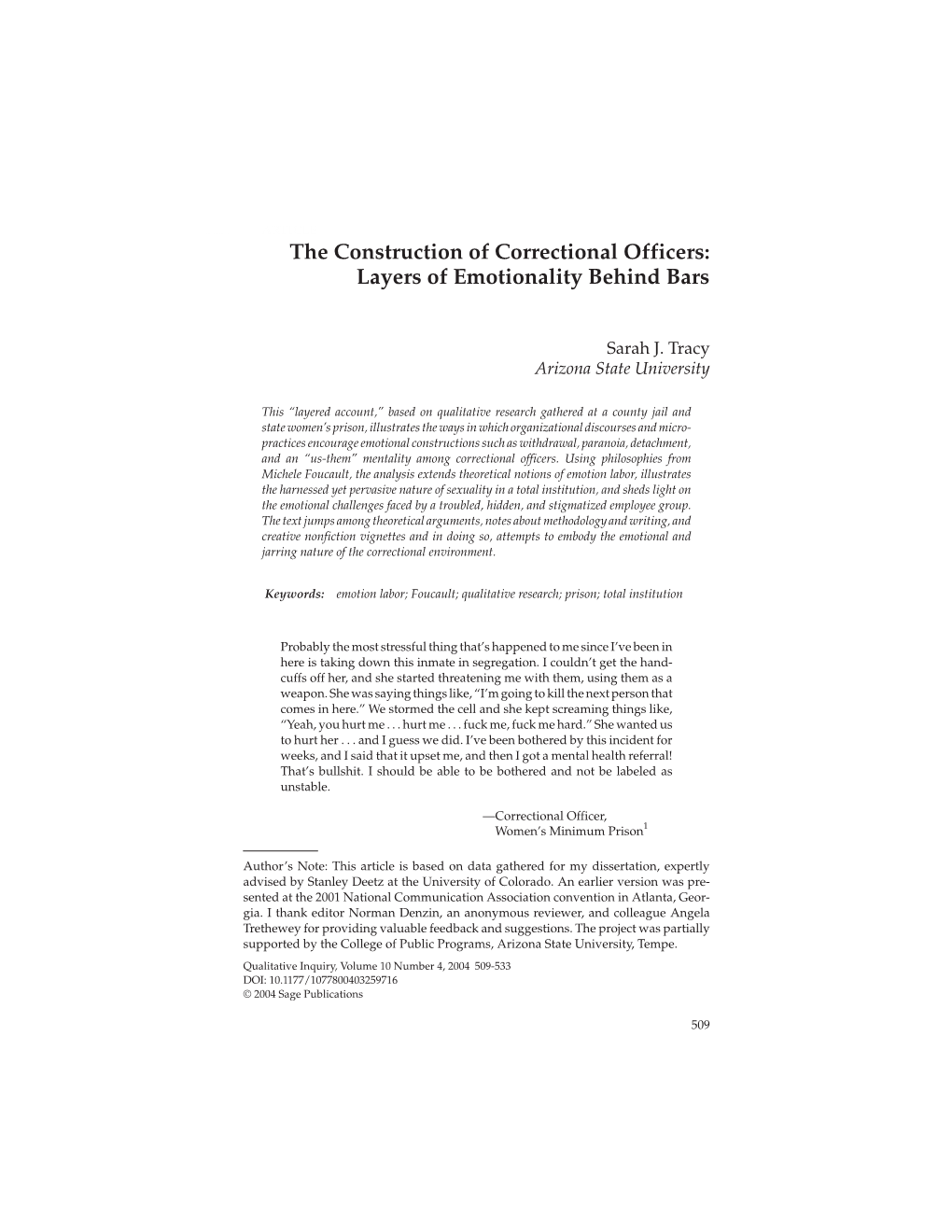 The Construction of Correctional Officers: Layers of Emotionality Behind Bars