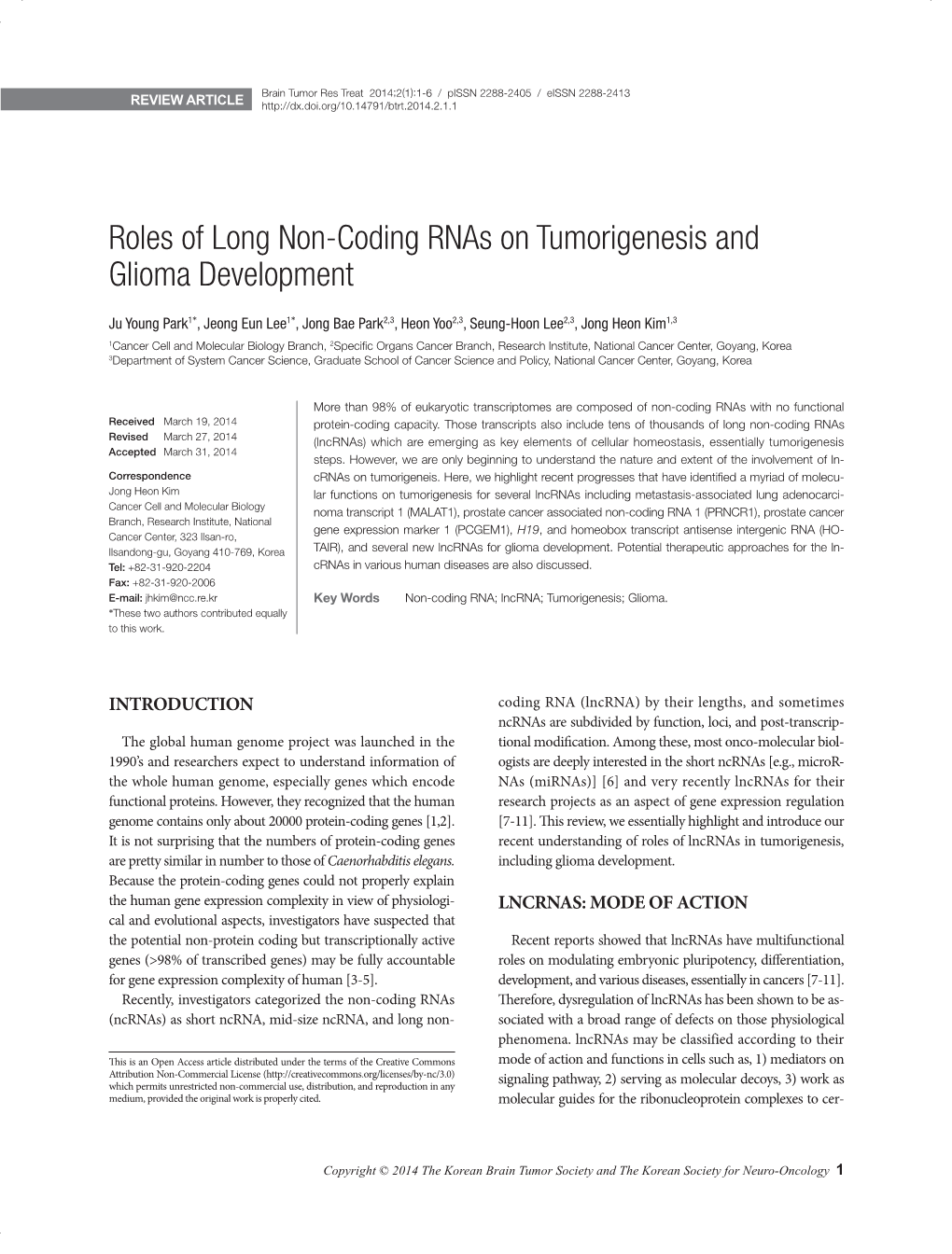 Roles of Long Non-Coding Rnas on Tumorigenesis and Glioma Development