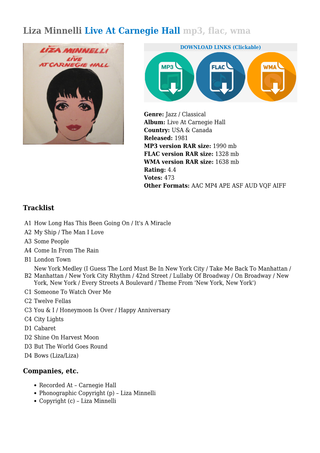 Liza Minnelli Live at Carnegie Hall Mp3, Flac, Wma