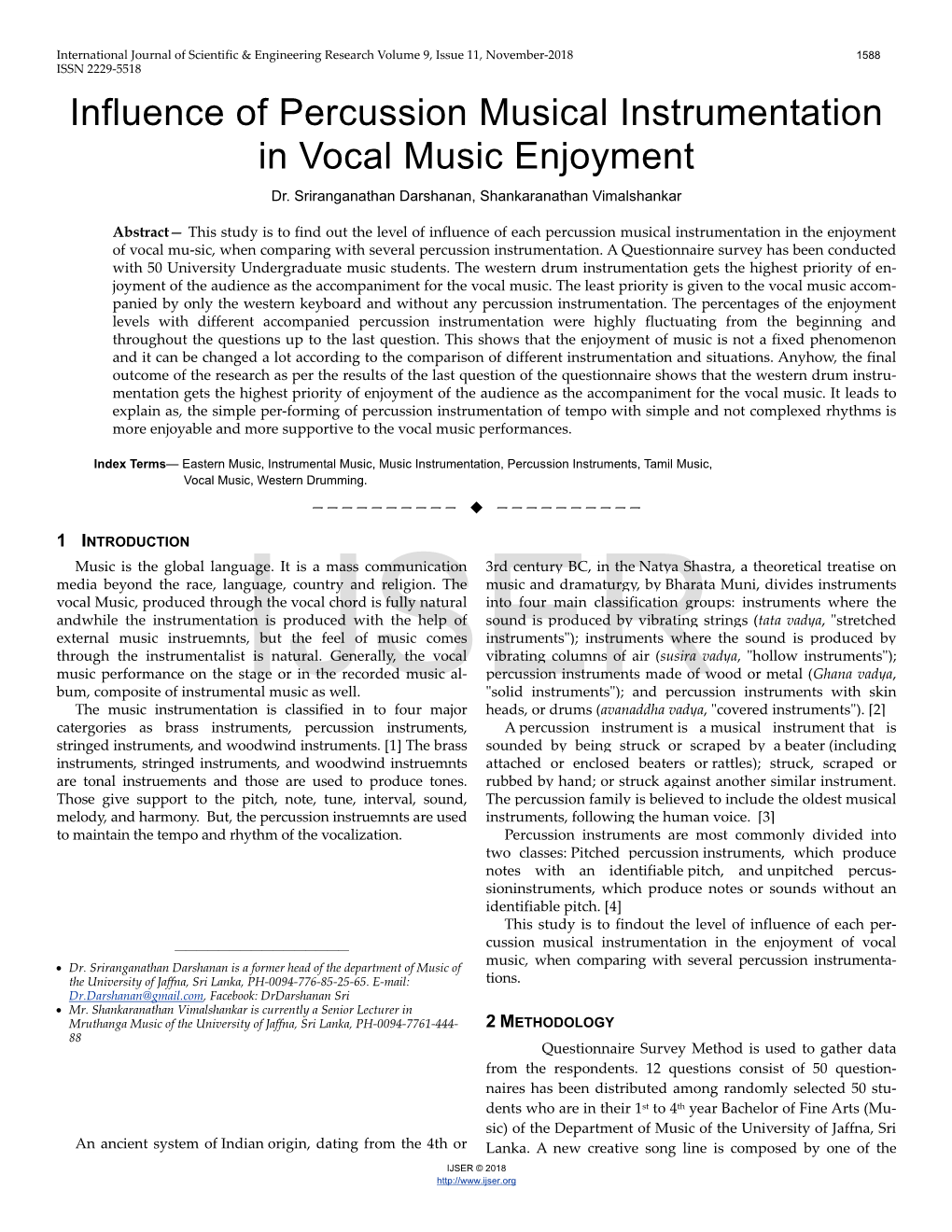 Influence of Percussion Musical Instrumentation in Vocal Music Enjoyment Dr
