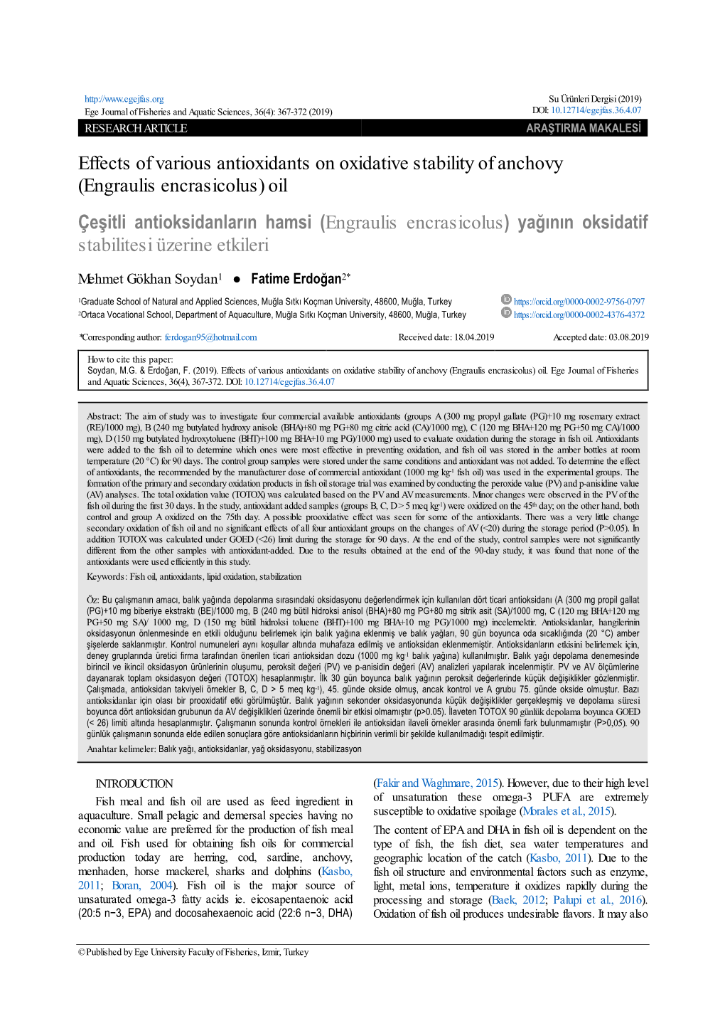 Effects of Various Antioxidants on Oxidative Stability of Anchovy