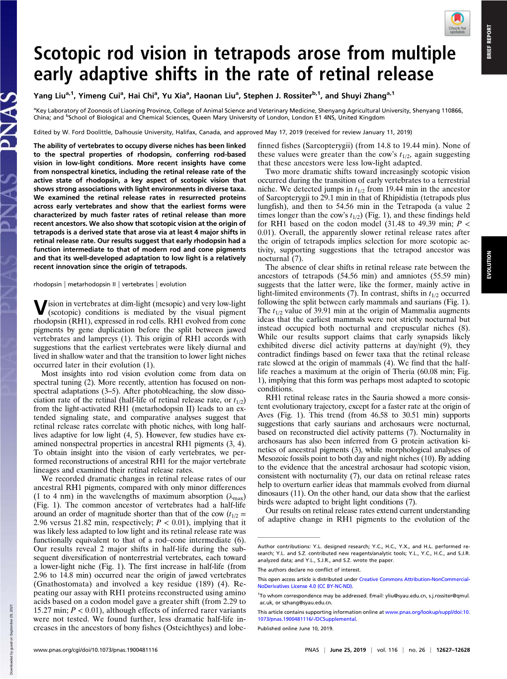 Scotopic Rod Vision in Tetrapods Arose from Multiple Early Adaptive Shifts In