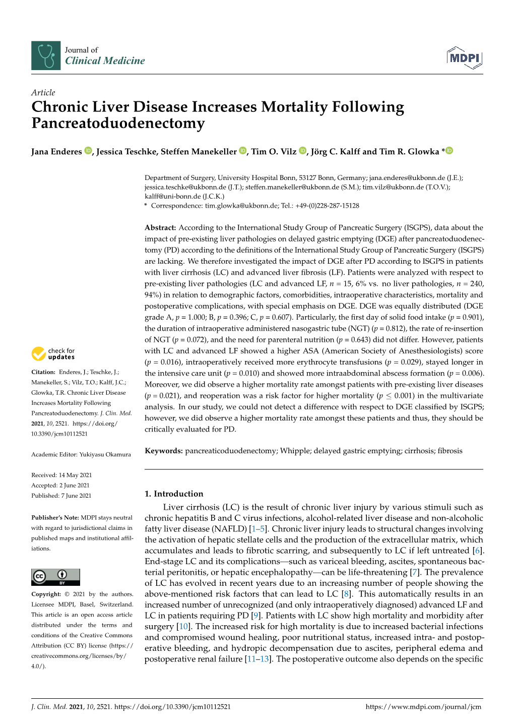 Chronic Liver Disease Increases Mortality Following Pancreatoduodenectomy