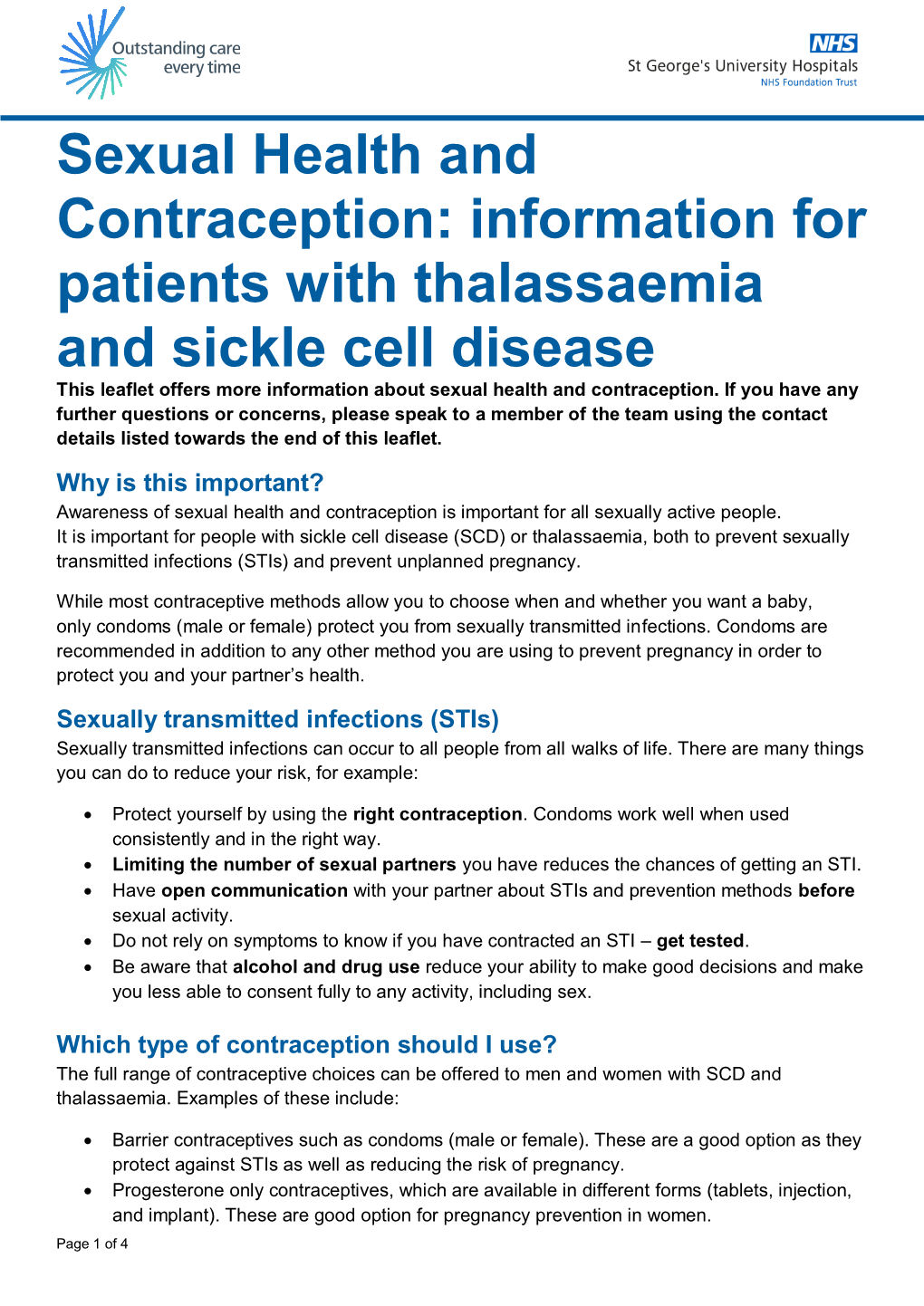 Information for Patients with Thalassaemia and Sickle Cell Disease This Leaflet Offers More Information About Sexual Health and Contraception