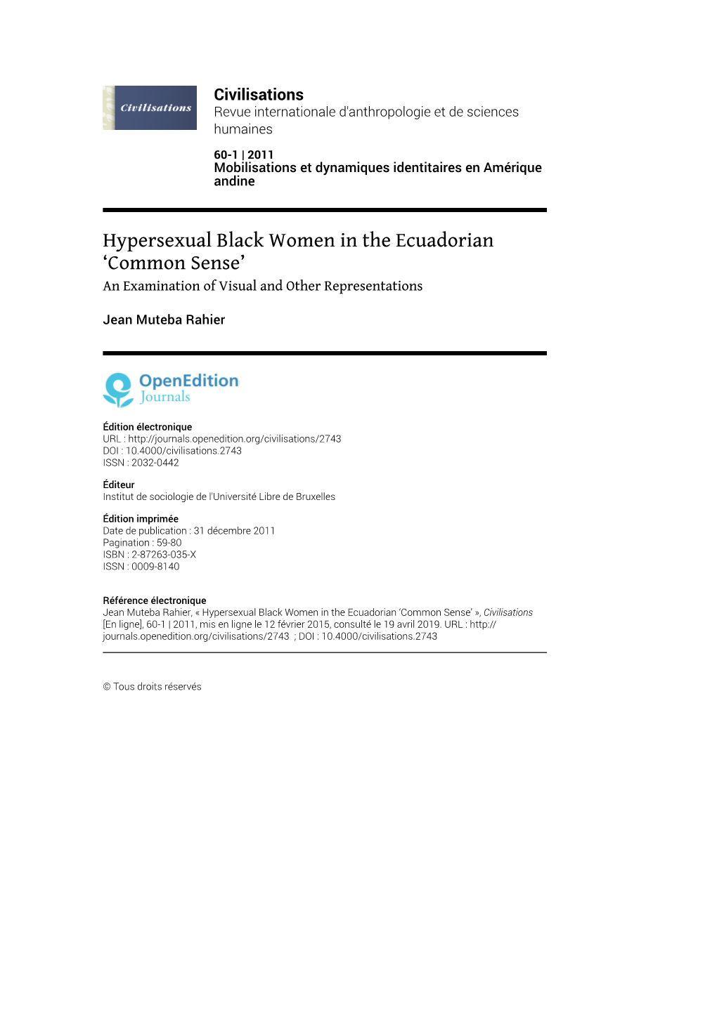 Hypersexual Black Women in the Ecuadorian ‘Common Sense’ an Examination of Visual and Other Representations