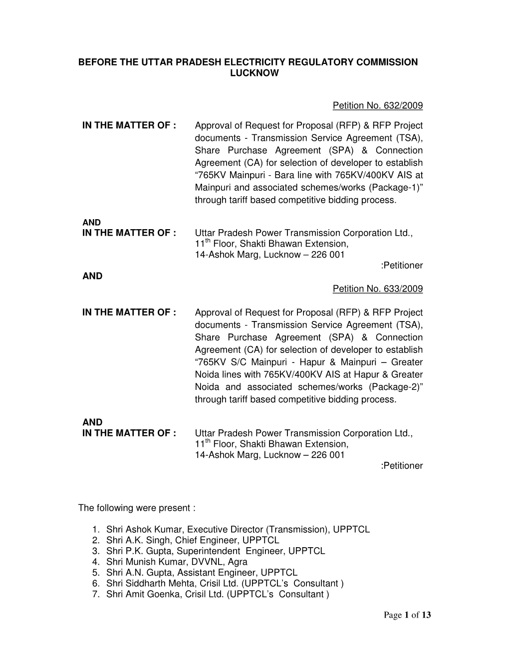 Page 1 of 13 BEFORE the UTTAR PRADESH ELECTRICITY