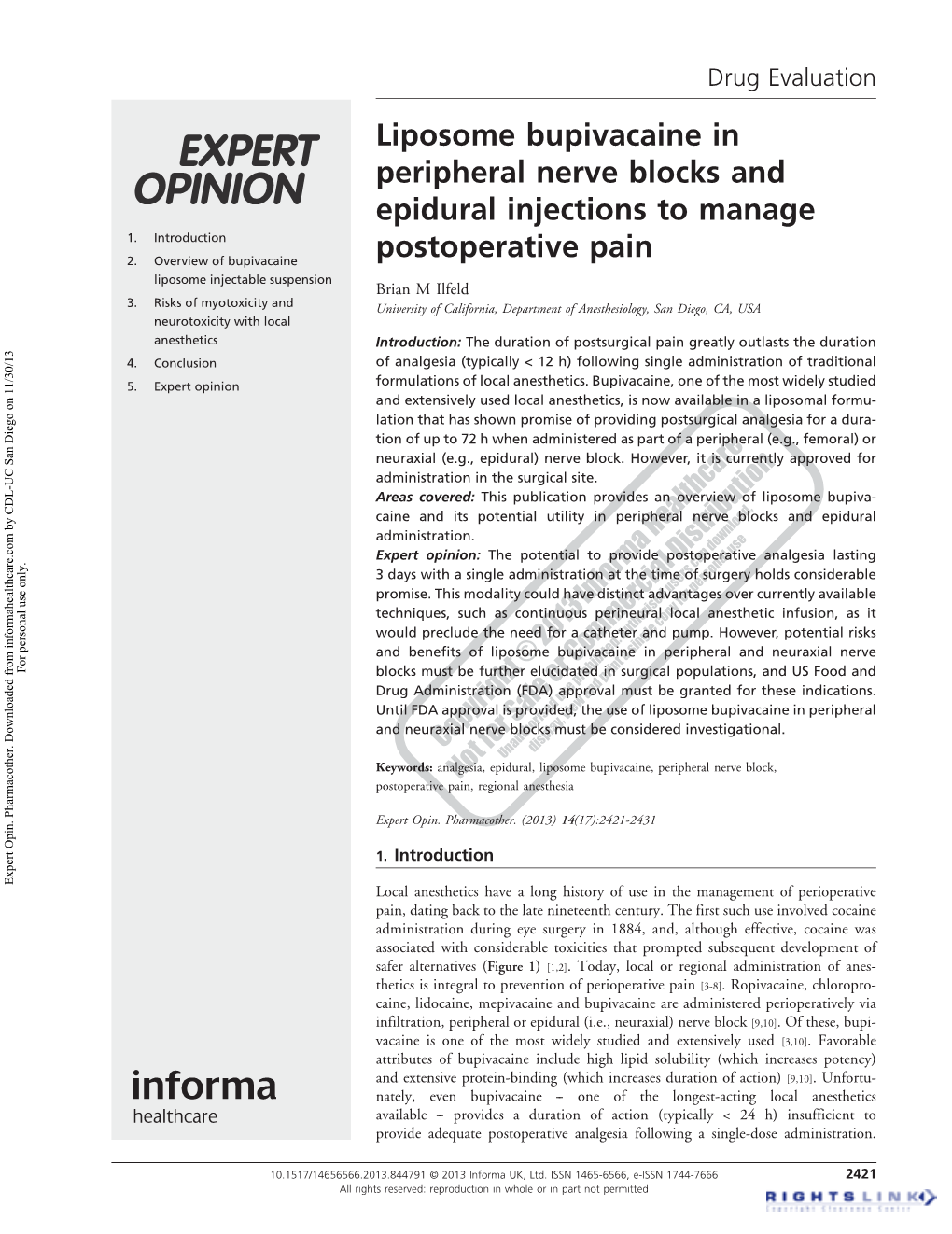 Liposome Bupivacaine in Peripheral Nerve Blocks and Epidural Injections to Manage 1