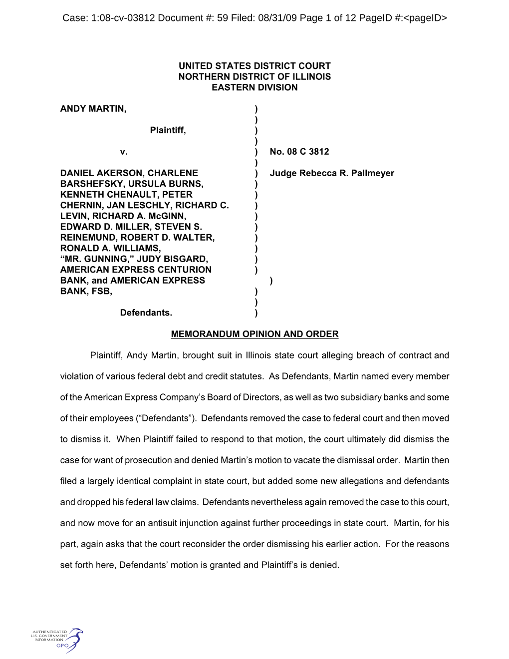 1:08-Cv-03812 Document #: 59 Filed: 08/31/09 Page 1 of 12 Pageid