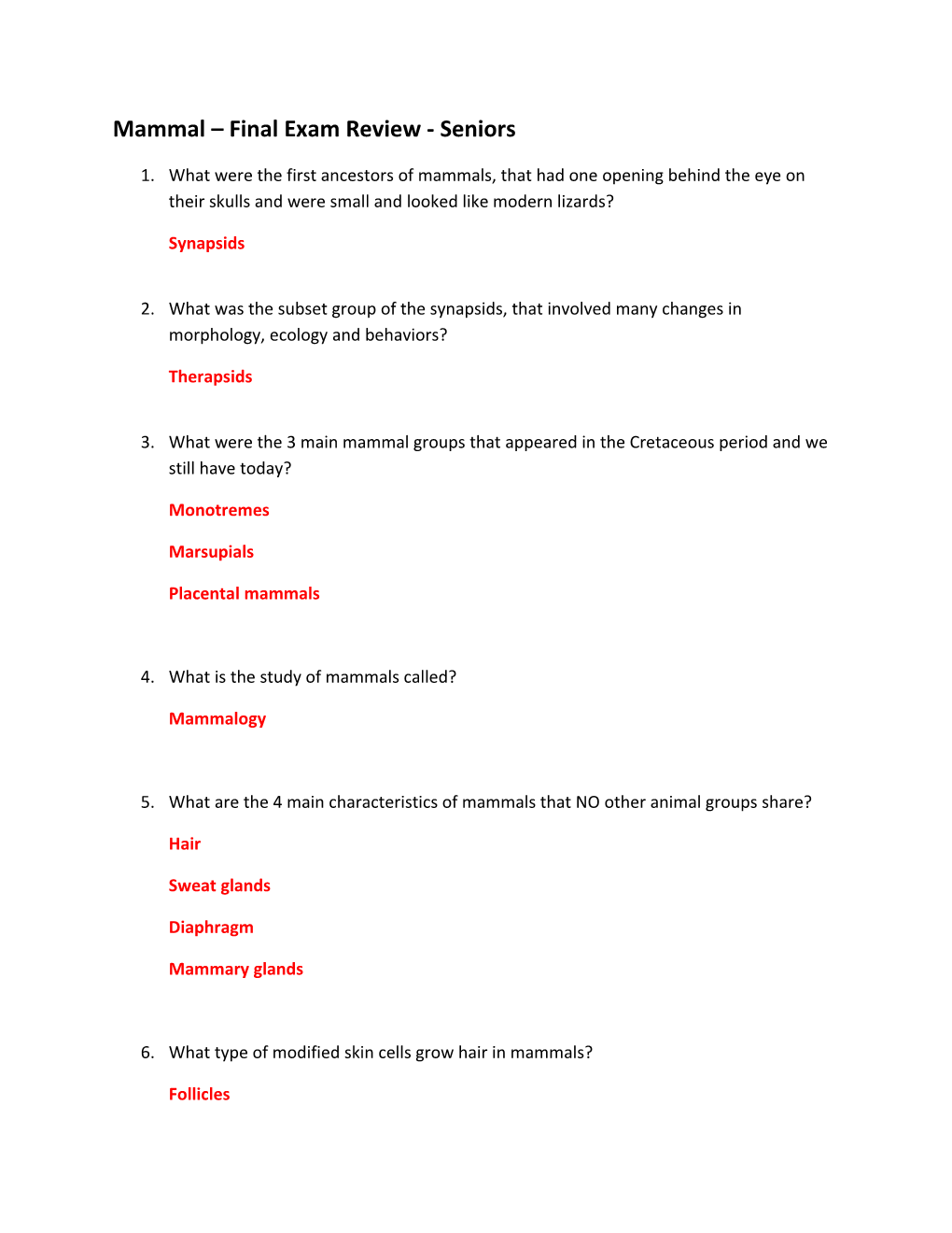 Mammal Final Exam Review - Seniors