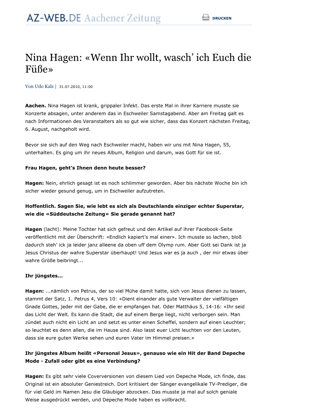 Nina Hagen: «Wenn Ihr Wollt, Wasch' Ich Euch Die Füße»