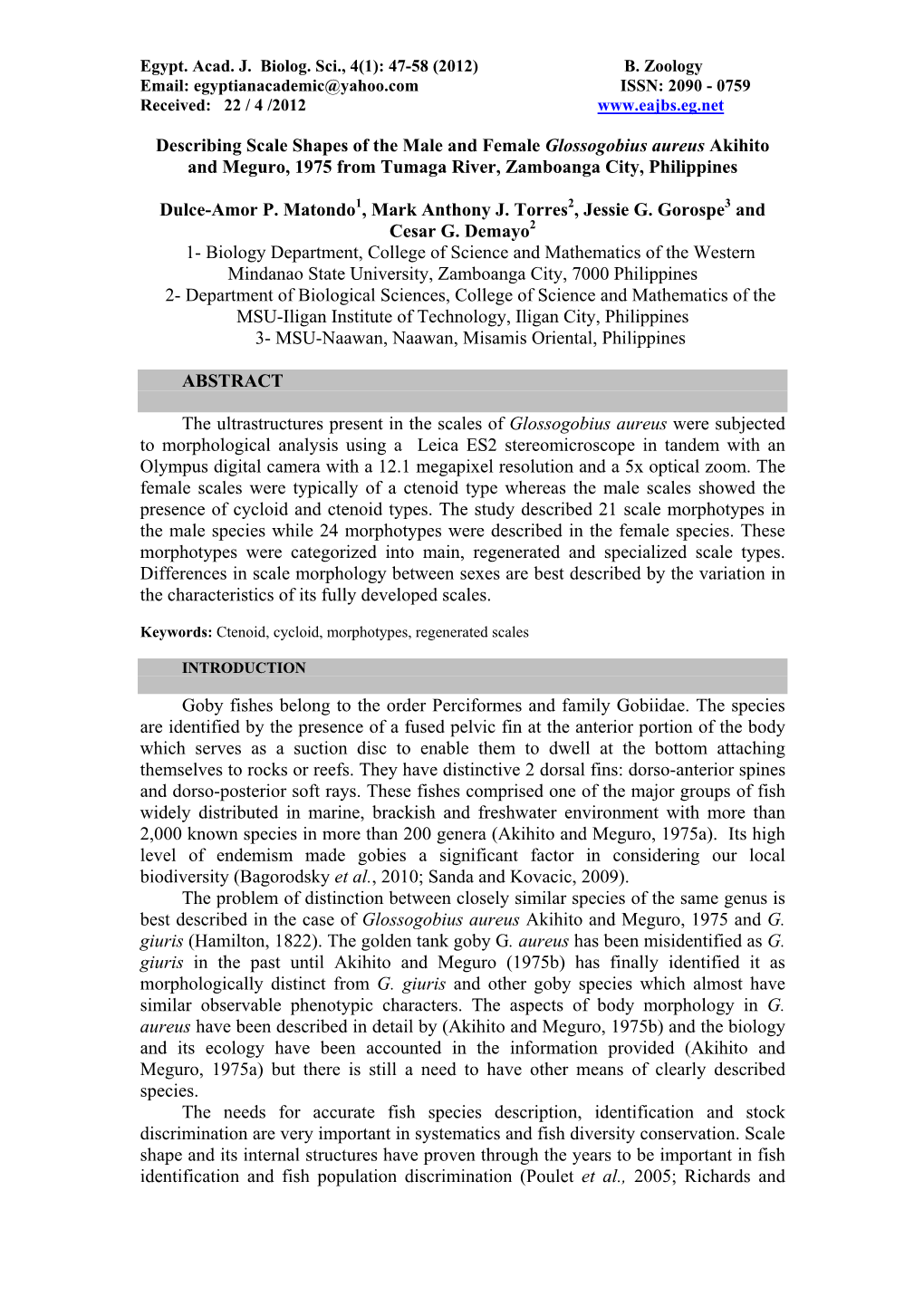 Describing Scale Shapes of the Male and Female Glossogobius Aureus Akihito and Meguro, 1975 from Tumaga River, Zamboanga City, Philippines