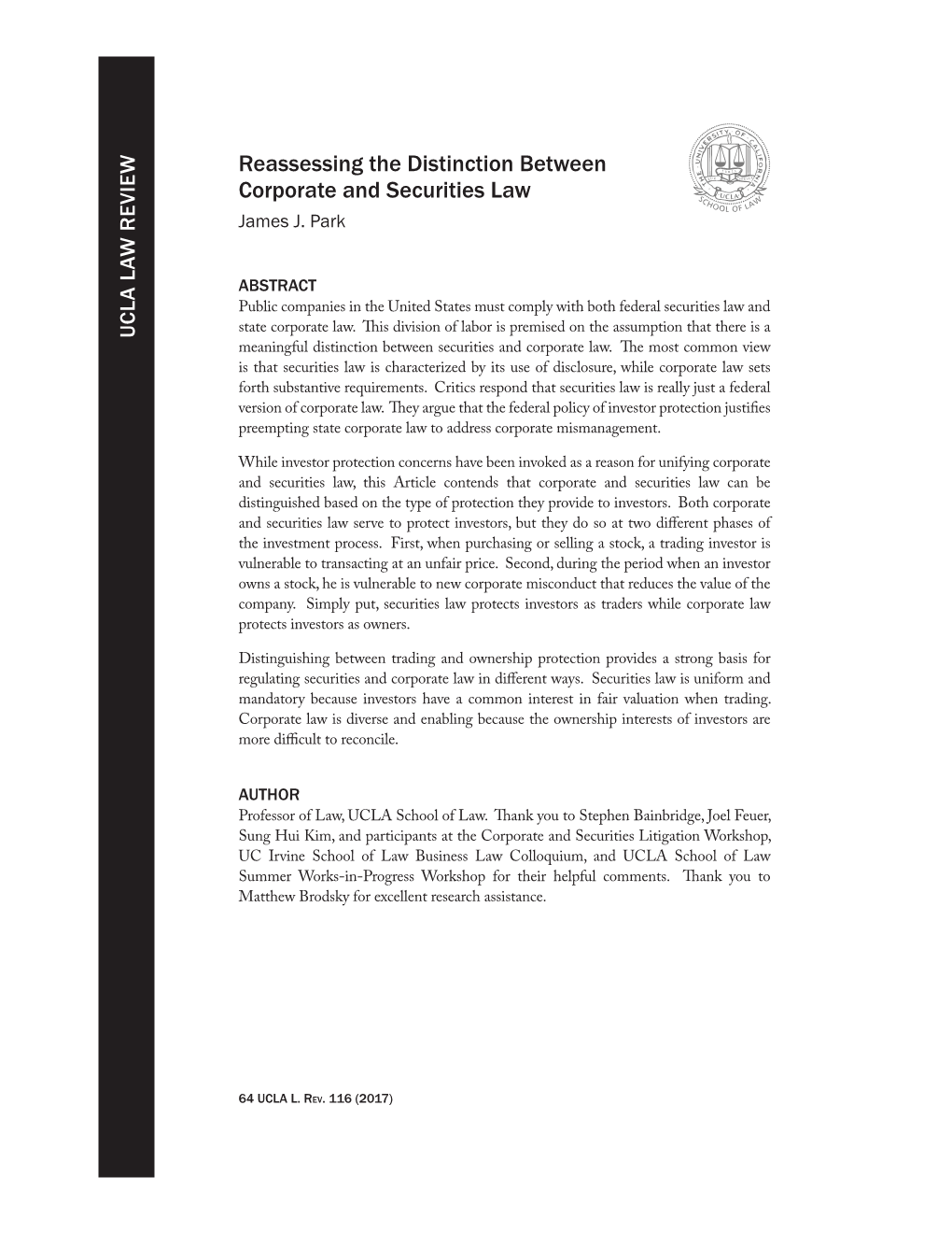 Reassessing the Distinction Between Corporate and Securities Law James J