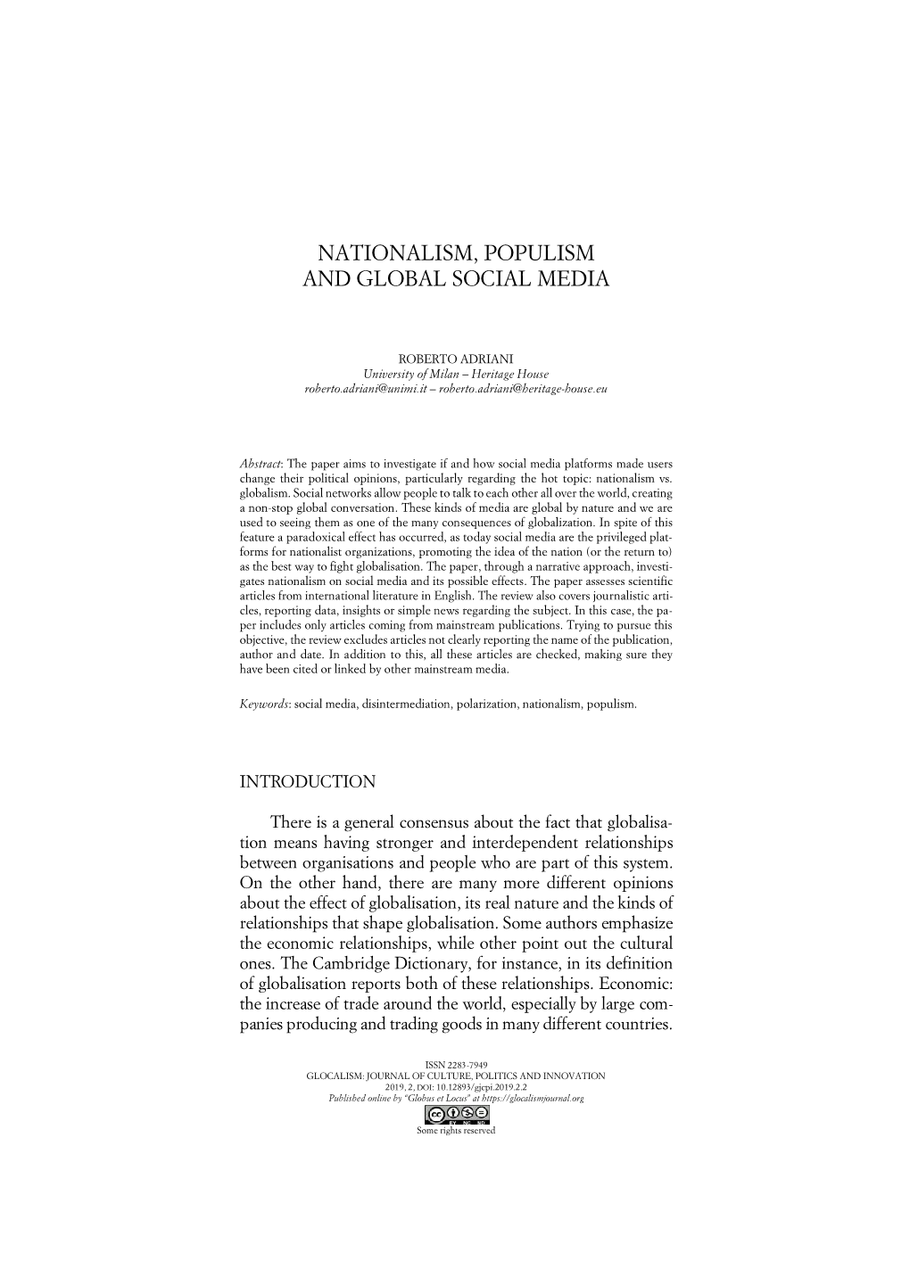 Nationalism, Populism and Global Social Media