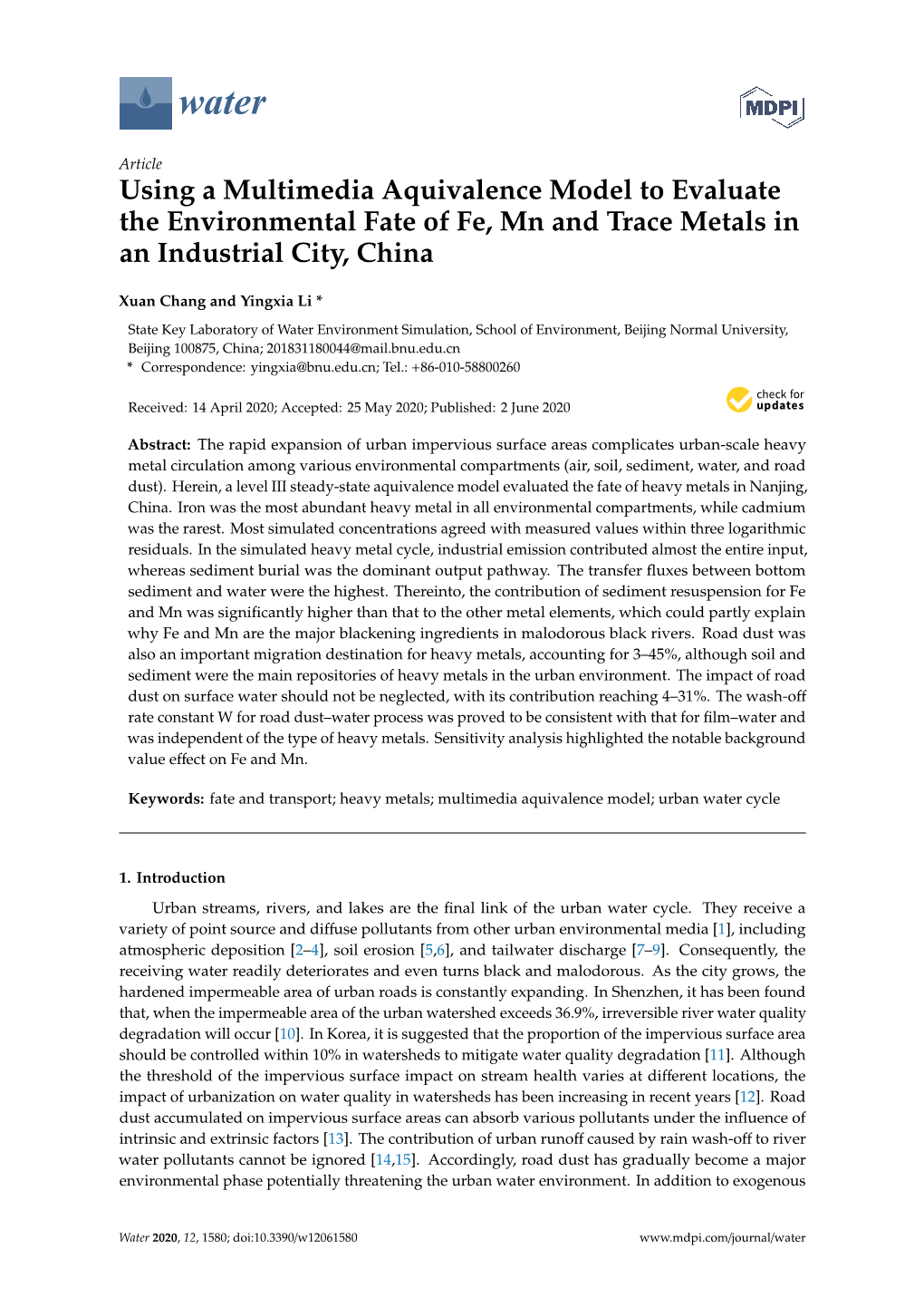 Using a Multimedia Aquivalence Model to Evaluate the Environmental Fate of Fe, Mn and Trace Metals in an Industrial City, China