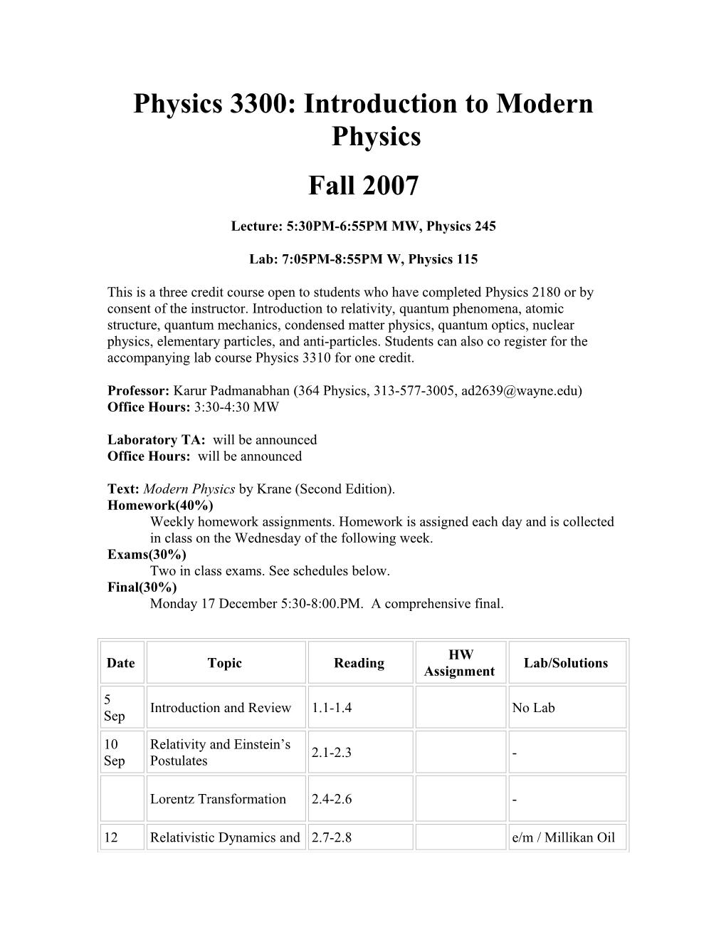 Physics 3300: Introduction to Modern Physics